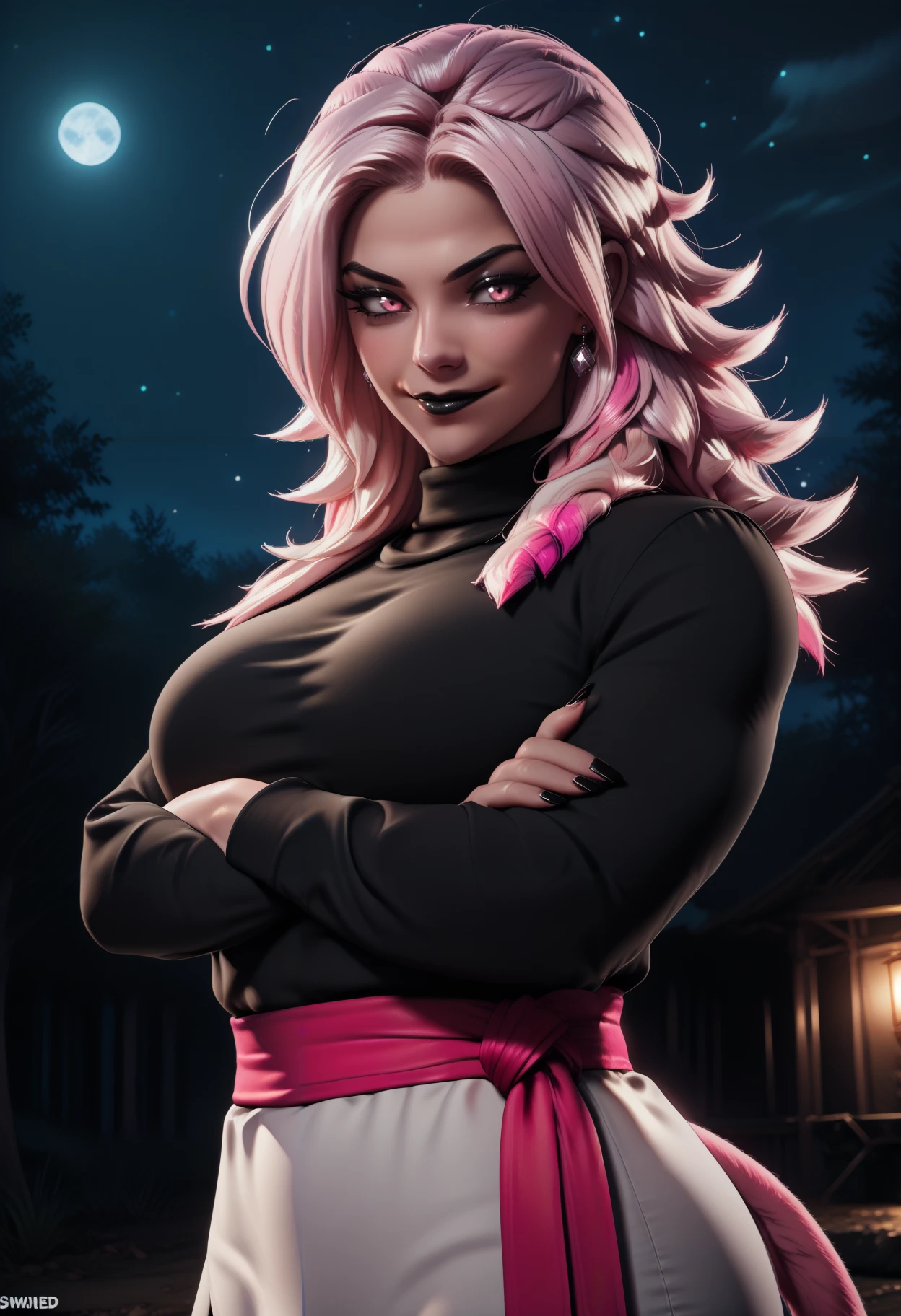 masterpiece, best quality, 3d, shiny skin, newest, hdr, dark, night, moonlight, star \(sky\), outdoors, closed mouth, looking at viewer, smile, 1girl, solo, black eyeshadow, black lips, makeup, mascara, monkey tail, pink tail, multicolored hair, black hair, pink hair, spiked hair, pink eyes, super saiyan, black shirt, grey tunic, long sleeves, black pants, red sash, potara earrings, green earrings, crossed arms, toned,