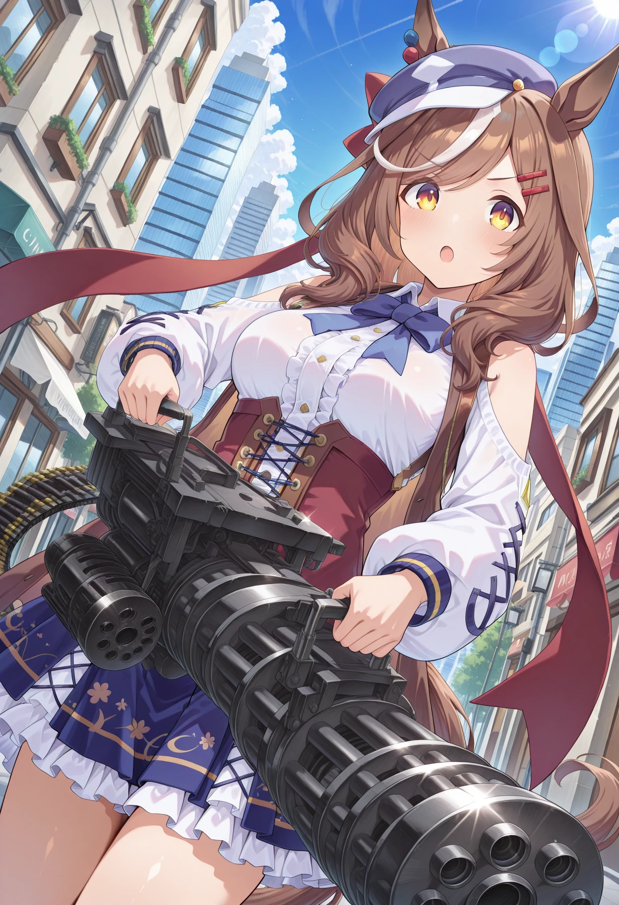 masterpiece, absurdres, newest, 1girl, c-m134, holding m134, two-handed, ammunition belt, matikane tannhauser \(umamusume\), umamusume, 1girl, horse girl, horse ears, horse tail, ears through headwear, yellow eyes, brown eyes, brown hair, medium hair, streaked hair, white hair, long hair, hairclip, medium breasts, cabbie hat looking at viewer, outdoors, city, day, lens flare, dutch angle, shiny metal, metal, :o