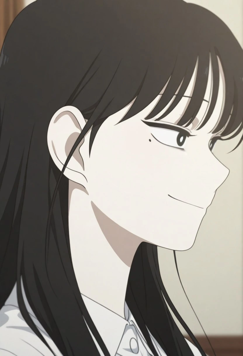 1girl, side view, black thin eyes, white pupils, detailed face, mole under eye, portrait, (full face:1.8), anime coloring:1.8, seduced smile, medium long hair, closed mouth