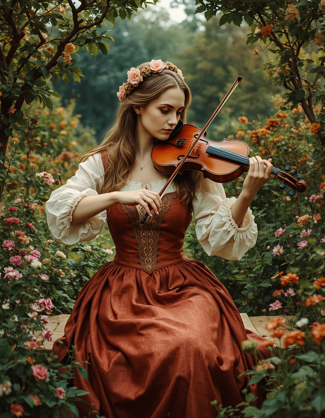 garden background, 16th century, one damsel playing the violin