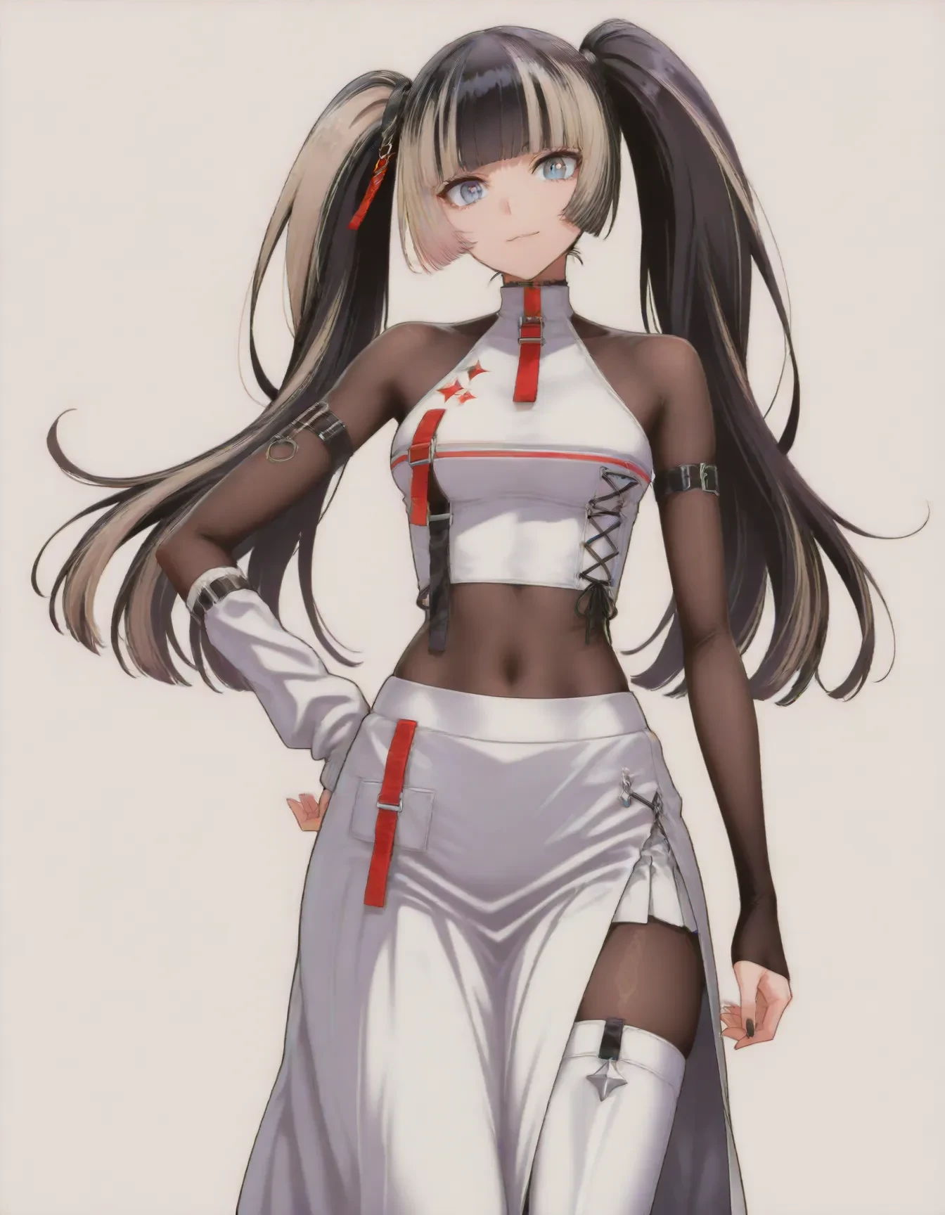 <lora:dmd2_sdxl_4step:1>,1girl,official style,masterpiece,best quality,newest,absurdres,highres,very awa,Anime,anime coloring,anime screencap,<lora:Holo_Raden:1>,solo,black hair,multicolored hair,long hair,twintails,white crop top,bodystocking,arm belt,single arm warmer,white skirt,long skirt,side slit,white thigh boots,raden2,smile,hand on own hip,