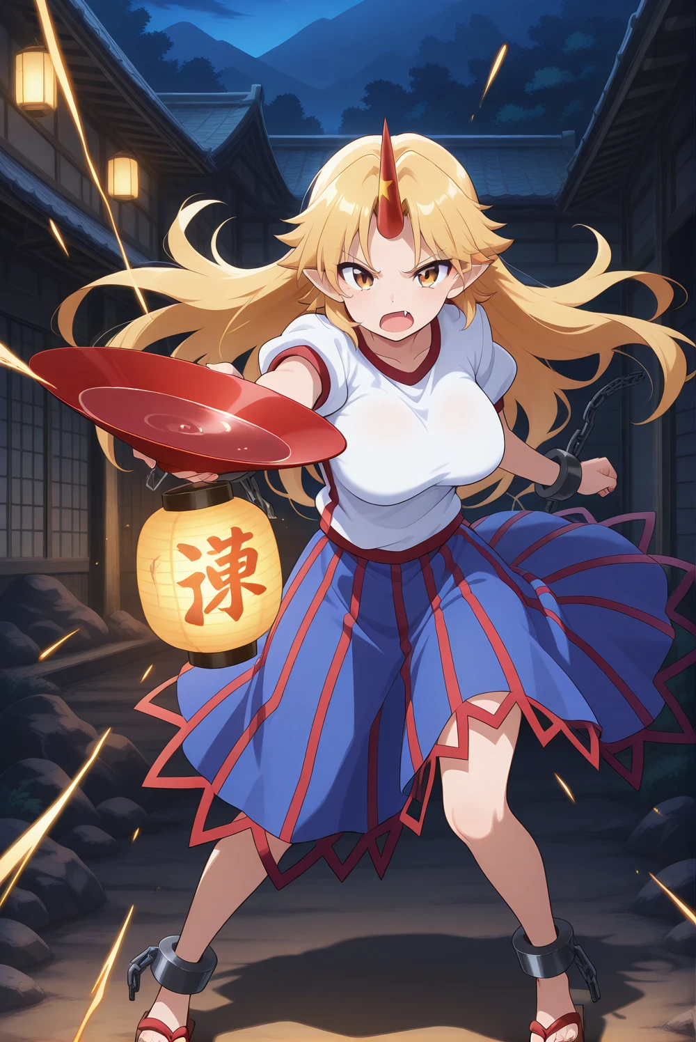 absurdres, highres, masterpiece, best quality, amazing quality, official anime artwork, screencap, anime screencap, outdoors, looking at viewer, open mouth,
east asian architecture, former capital, gensokyo, underground, dark, light particles, lantern, punch, sparks, sakazuki,
<lora:Yuugi-Hoshiguma_Illustrious:1> hoshiguma yuugi, 1girl, solo, blonde hair, yellow eyes, long hair, fang, single horn, pointy ears, oni horns, large breasts,, shackles, white shirt, blue skirt, red striped skirt, geta,