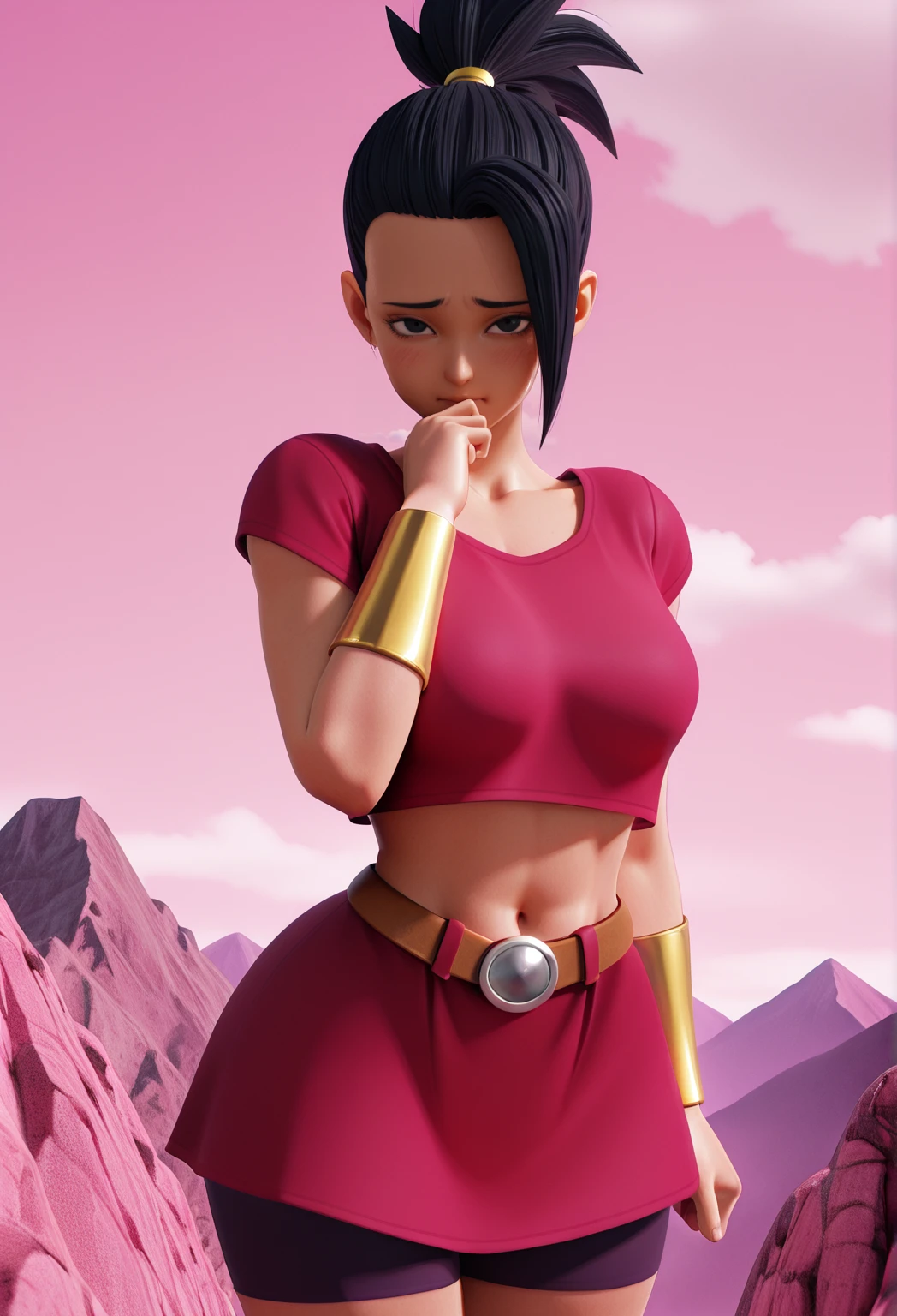3dcgi, 3d, 1girl, realistic, kale, ponytail, black hair, black eyes, red crop top, short sleeves, bracer, midriff, navel, belt, bike shorts, miniskirt, shorts under skirt, red skirt, ponytail, curvy, looking at viewer, shy, outside, pink sky, three_quarter_view, cowboy_shot, rocks, mountain, clouds