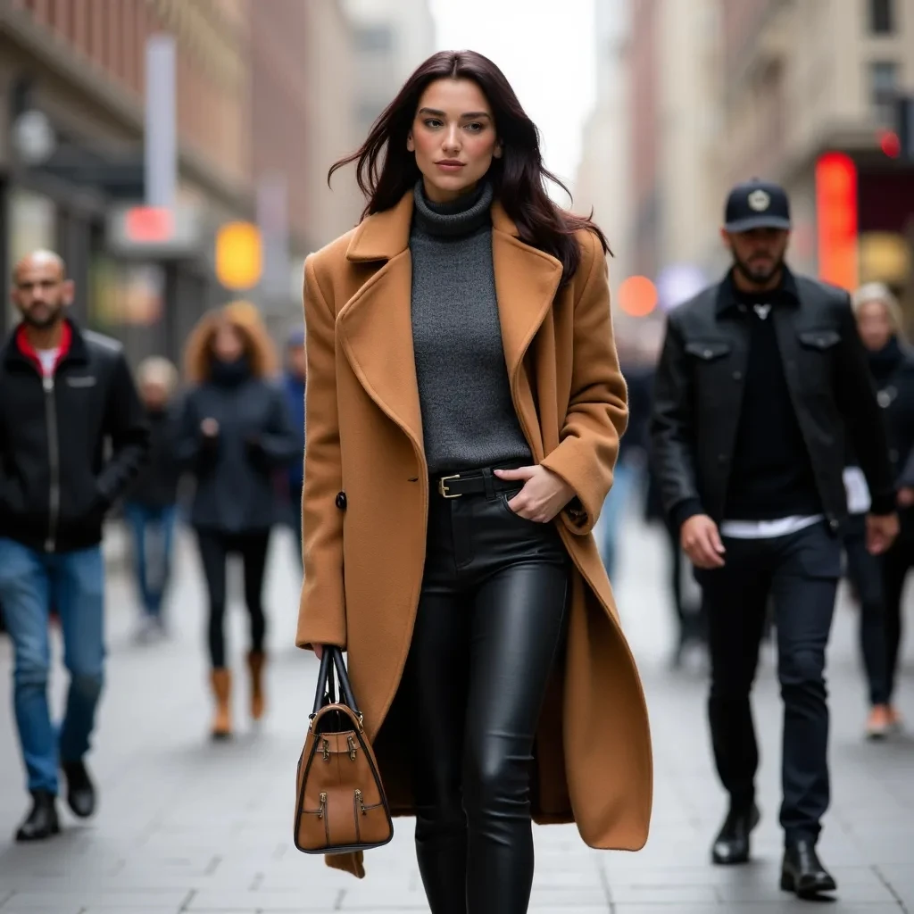 dua_lipa, a stylish woman wearing a long coat and walking with a hand in her pocket