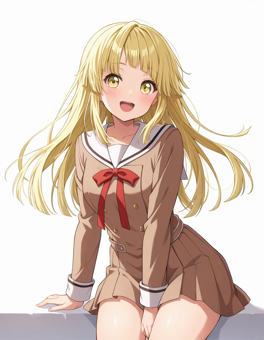 Volumetric Lighting, (masterpiece), (best quality), (ultra-detailed), illustration, ((disheveled hair, very good hair))), detailed eyes, perfect composition, moist skin, intricate details, very good lighting BREAK, Tsurumaki Kokoro, long hair, blonde hair, yellow eyes BREAK, hanasakigawa school uniform BREAK, ((white background)), looking at viewer, smile, thighs,open mouth