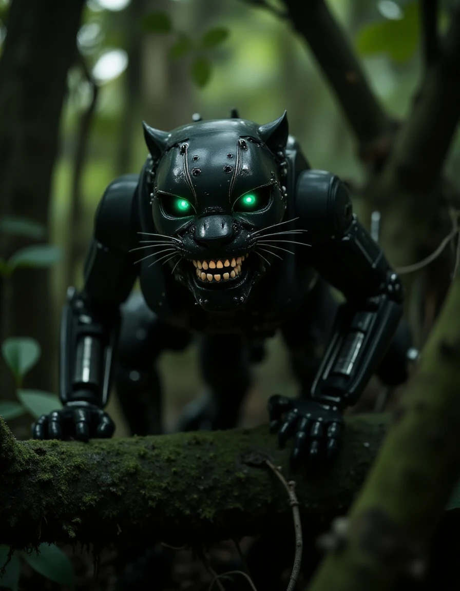 In the depths of a dense rainforest, a robotic jaguar crouches on a moss-covered branch, its emerald-green eyes glowing faintly in the dim light. Its sleek, black steel body blends seamlessly with the shadows, its movements silent as hydraulic joints flex with predatory grace. When its mouth opens in a snarl, the ral-rbotth within are disturbingly realâwet with condensation, slightly uneven, and vividly white against the dark metal of its face. The soft sounds of dripping water and distant bird calls heighten the eerie contrast of this mechanical apex predator.
<lora:ral-rbotth-flux_000003000:1>