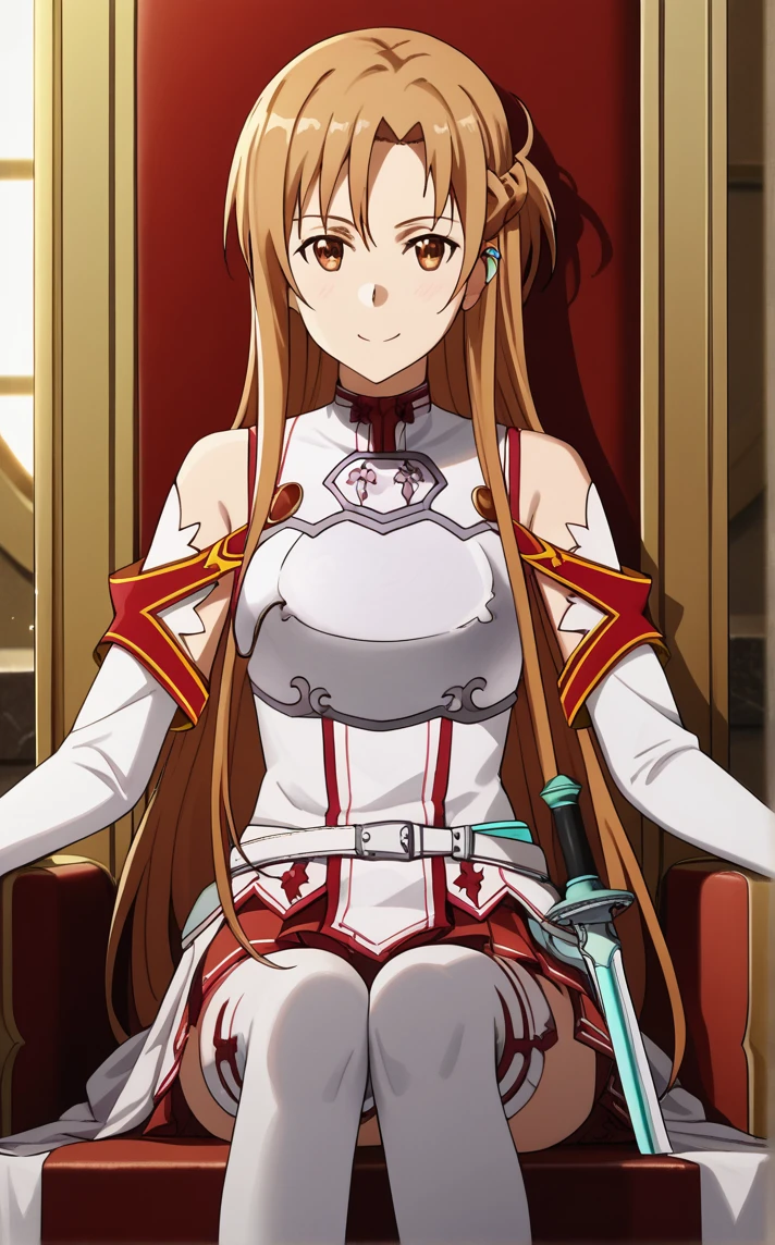 score_9, score_8_up, score_7_up, absurdres, sitting on throne, sitting, throne, throne room, straight-on, curtains, light particles, bokeh, loaded interior, indoors, solo, looking at viewer,<lora:PONYXL_SAO_AsunaYuuki_ownwaifu:1>, BREAK MainOutfit_Asuna_ownwaifu, 1girl, asuna (sao), brown eyes, brown hair, bare shoulders, breastplate, long hair, detached sleeves, armor, white armor, braid, pleated skirt, sheath, red skirt, white thighhighs, french braid, rapier, white sleeves, hair between eyes, sheathed, long legs, jewelry, long sleeves, bangs, half updo, zettai ryouiki, miniskirt, ring, shiny hair, white belt, cape, choker, breasts, parted bangs, waist cape, wedding ring, white cape,<lora:add-detail-xl:0.15>,