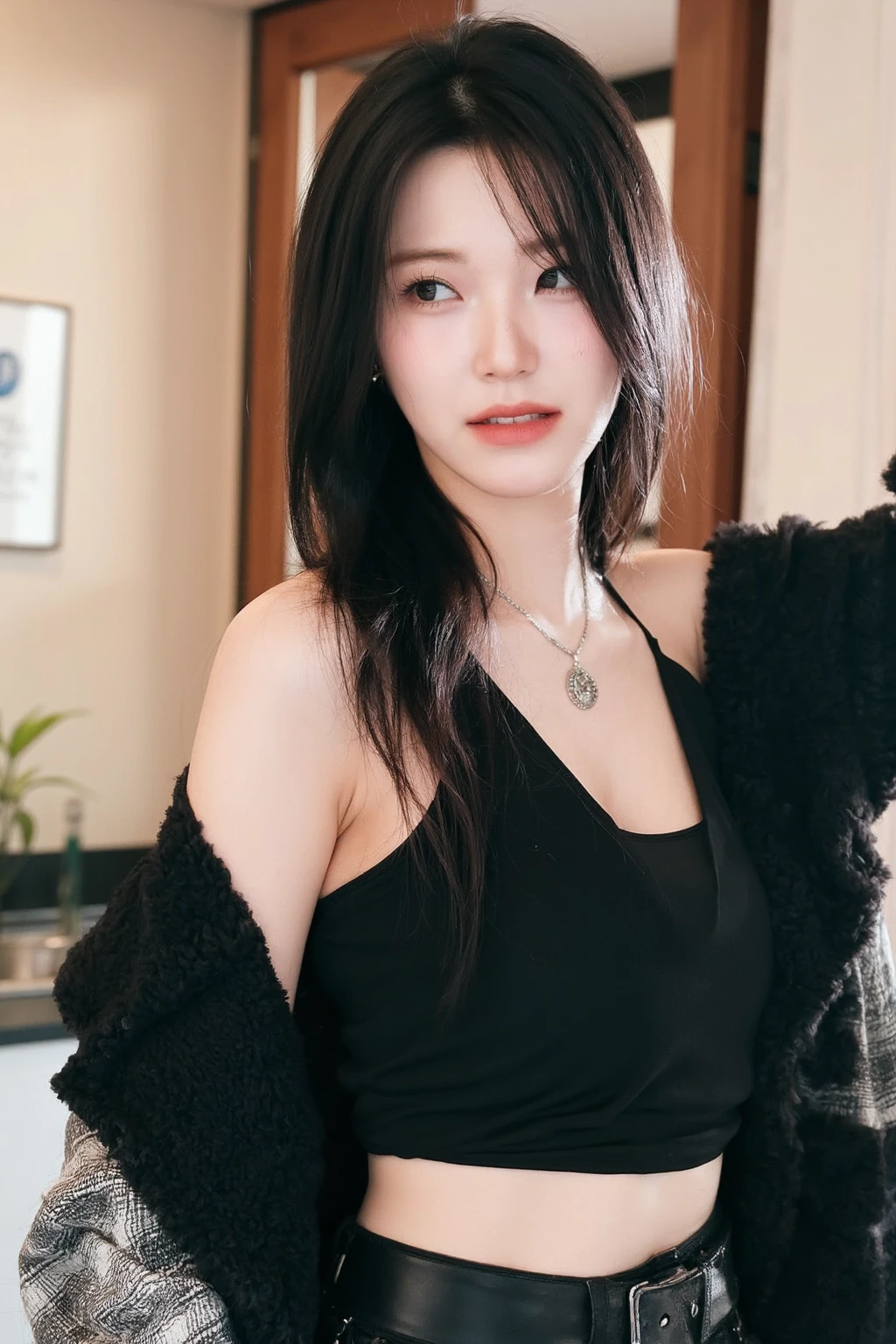 bright photo of beautiful korean girl wearing tank top with jacket and belt, inside new york style apartment, necklace, dslr, studio lighting, high quality,light reflections,pale skin, detailed skin, <lora:flux_realism_lora:1>, <lora:makinaflux_jiheon_v1.0:1>