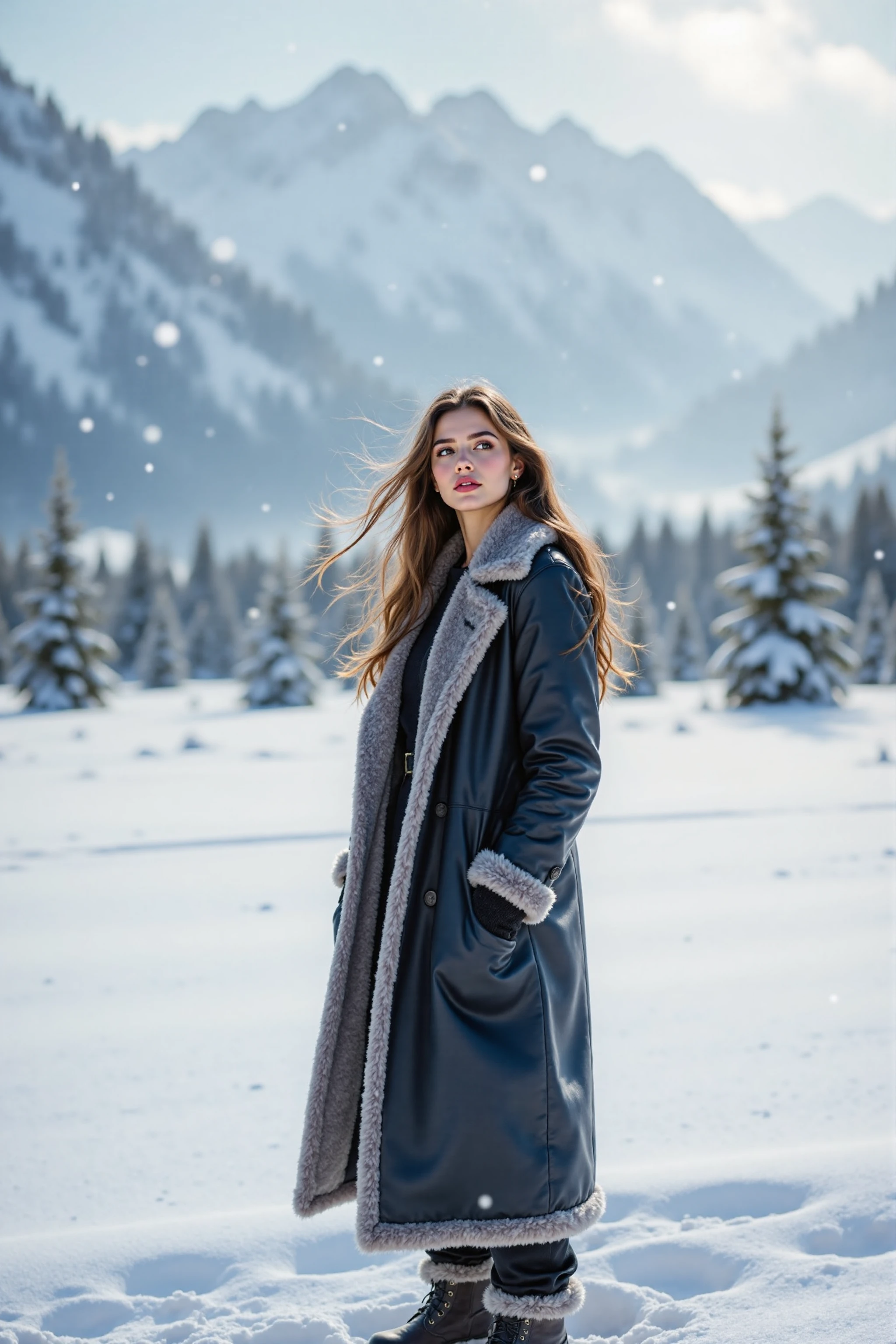 Scene setting:,
A vast snowfield surrounded by Russian cedar and birch trees. In the distance are steep snow-capped mountains,and the skyline almost blends into the snow,giving people a sense of endless silence and coldness. Light snowflakes are falling,the air is fresh and cold,and the picture has the soft glow of sunlight penetrating the clouds.,
She is wearing a dark blue leather long coat with soft fur lining,thick snow boots on her feet,standing in the center of the snowfield. She gently raised her head and gazed into the distance,her eyebrows were full of quiet power,and her long hair fluttered gently in the wind.,