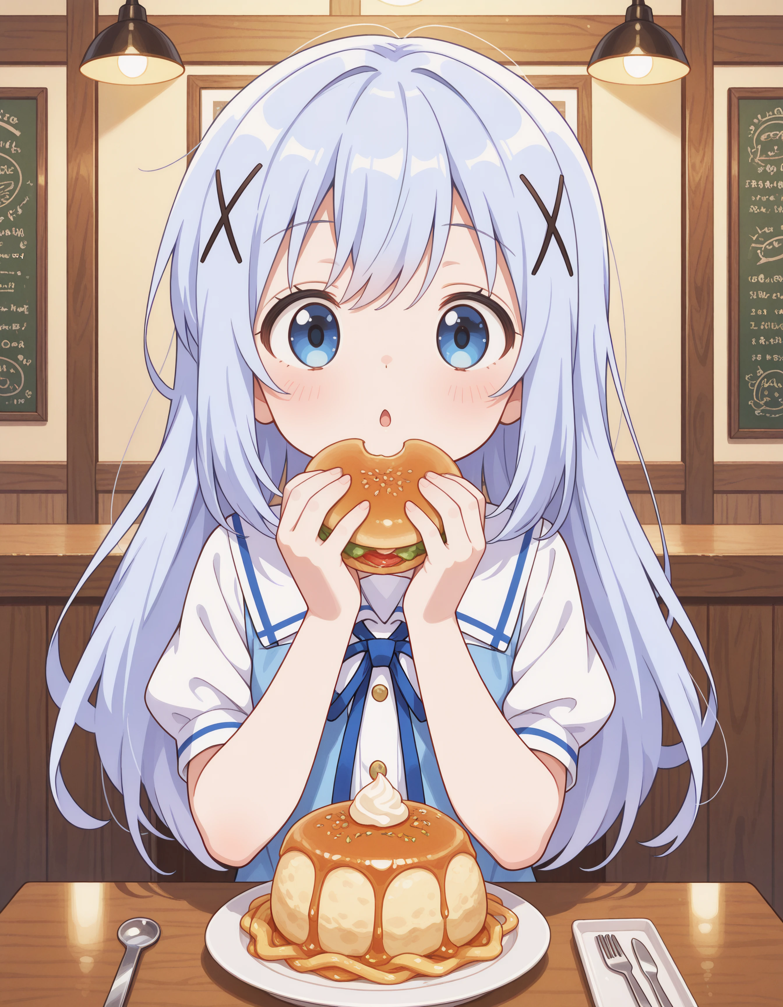 1girl, blue eyes, chino_kafu, periwinkle colored hair, tiny, cute, innocent, long hair, hair ornament, restaurant, eating pastrey, :o, (clothed, ultra kawaii), hdr, low contrast,
masterpiece, best quality, absurdres, masterpiece, highres, perfect anatomy, anime style, anime screenshot, 8k wallpaper, ultra high quality, (extremely detailed cg), perfect lighting, (sharp image), dynamic angle