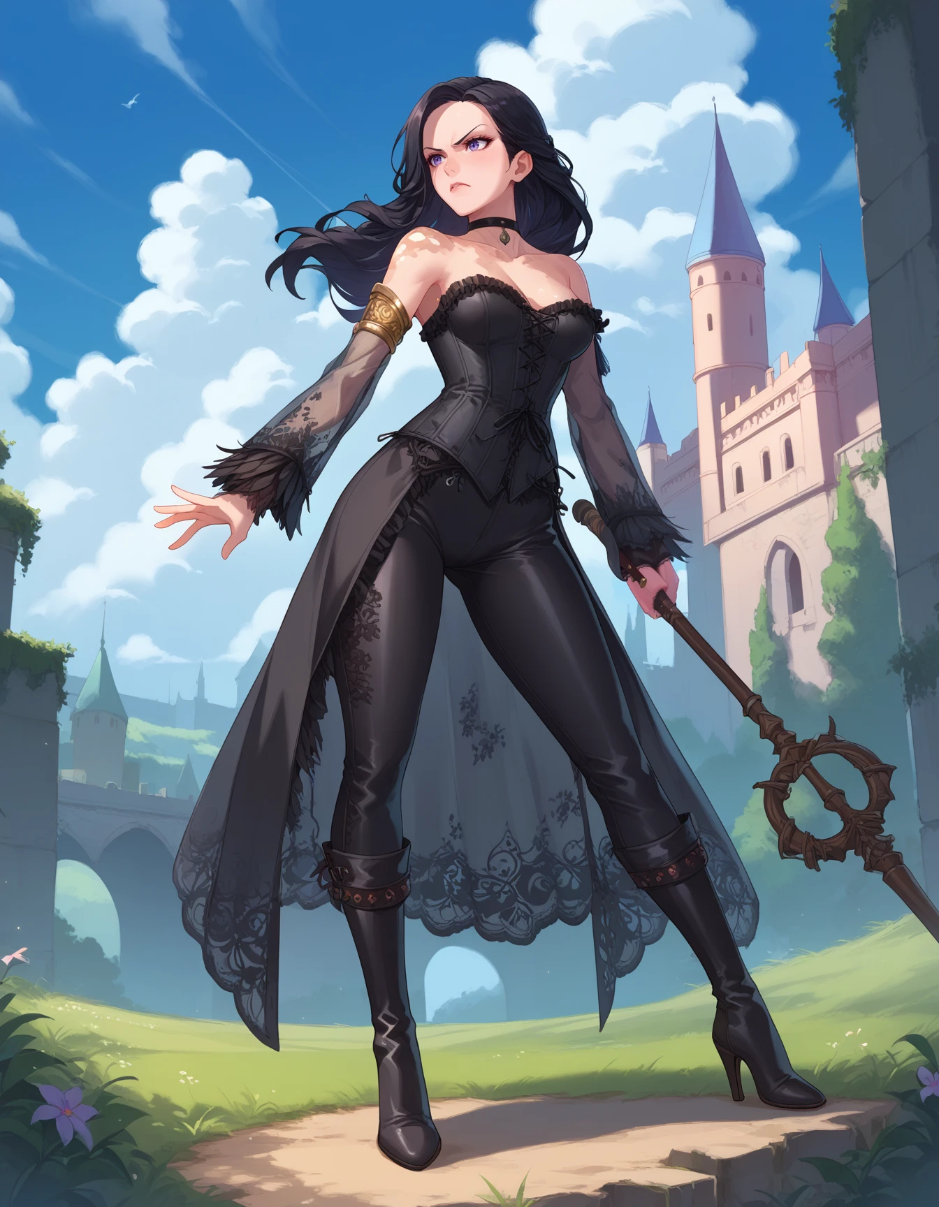 score_9, score_8_up, score_7_up, score_6_up, 1girl, solo, yennefer of vengerberg, furious, wielding staff, magic, black corset, black leather pants, lace pants, outdoors, castle, clouds, sky, dappled sunlight, (gold armlet), lace sleeves, detached sleeves, full body, frills, sleeves past wrists, see-through, choker, patterned clothing, (strapless) floral print, thighhigh boots, high heel boots,<lora:LaceSleevedCorset-PDXL2025-01-24_19-31-10-save-504-42-0:1>