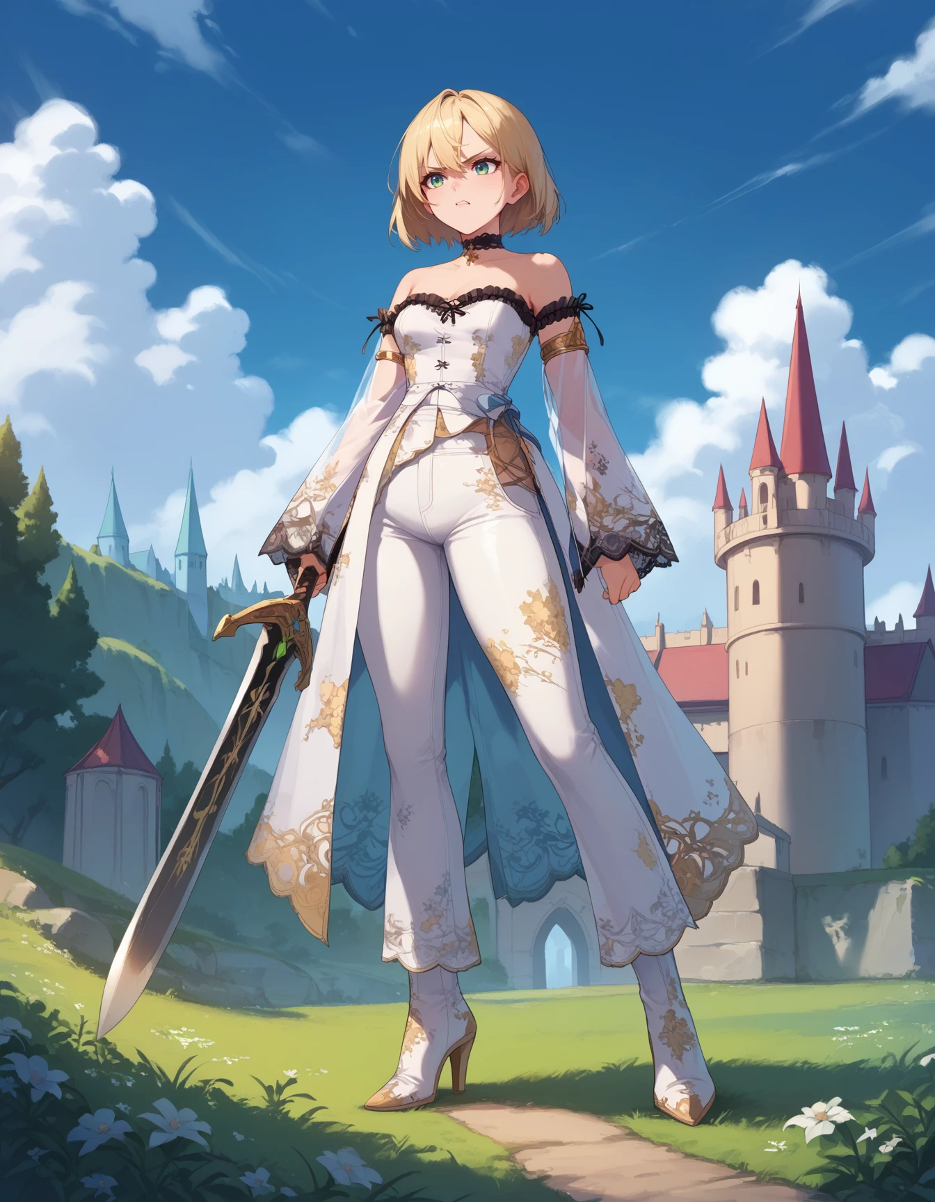 score_9, score_8_up, score_7_up, score_6_up, 1girl, solo, furious, wielding greatsword, green neon accents, white clothing, white leather pants, lace pants, outdoors, castle, clouds, sky, dappled sunlight, (gold armlet), black lace sleeves, detached sleeves, full body, frills, sleeves past wrists, see-through, choker, patterned clothing, (strapless) floral print, thighhigh boots, high heel boots,<lora:LaceSleevedCorset-PDXL2025-01-24_19-31-10-save-504-42-0:1>