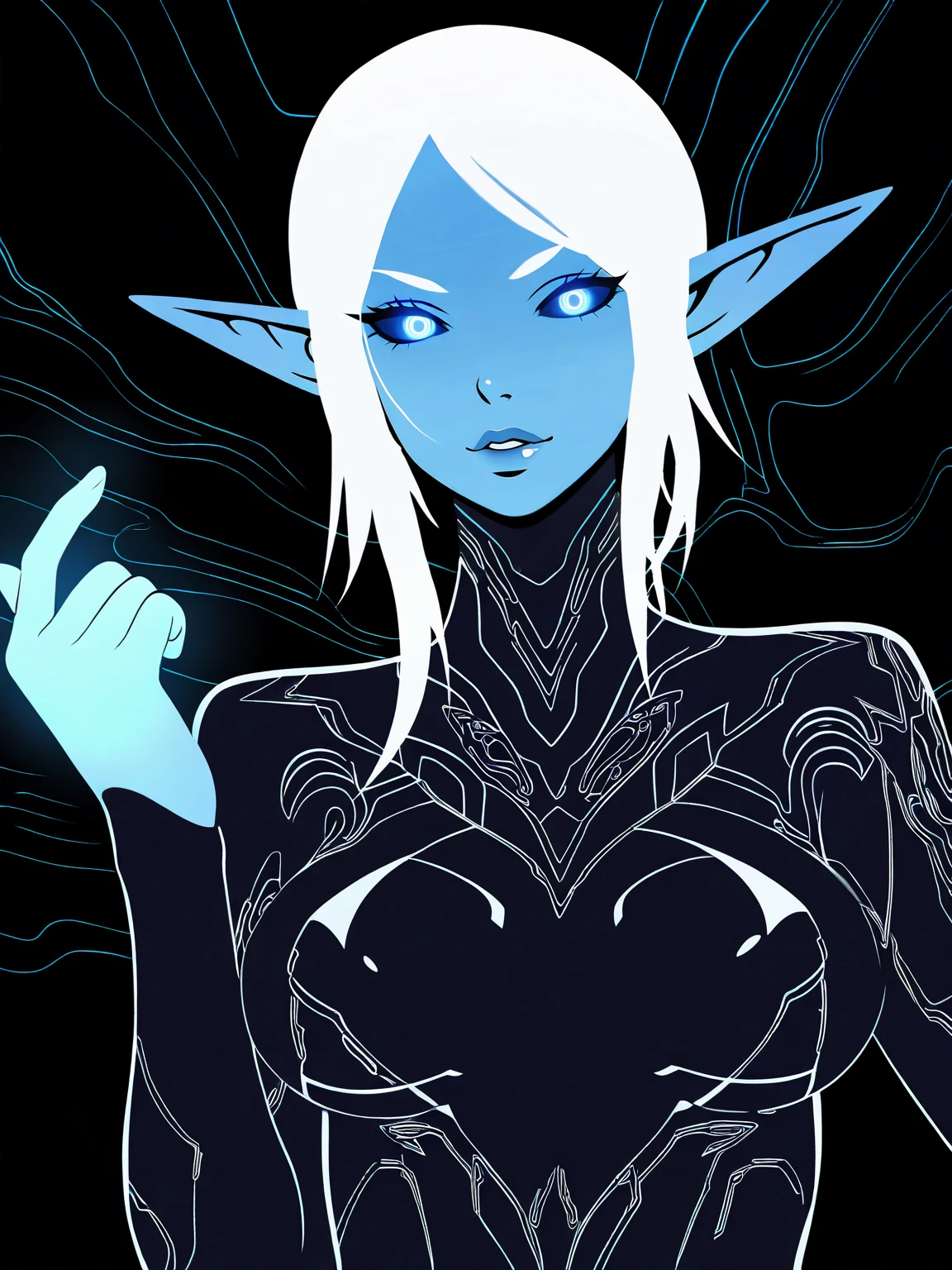 Masterpiece,best quality,vector art,lineart,manga,thick lines, 1girl, solo, breasts, looking at viewer, blue eyes,  upper body, white hair, pointy ears, lips, glowing, colored skin, elf, glowing eyes, colored sclera, blue skin,beckoning viewer,bodysuit