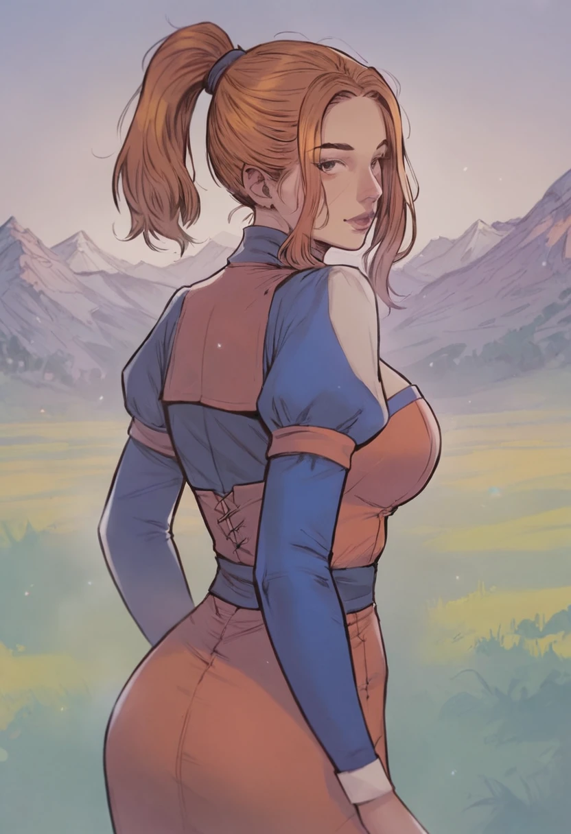 score_9, score_8_up, score_7_up, source_anime, 1girl, large_breasts, mature_female, solo, looking_at_viewer, open_eyes, Posing as if caught mid-sneeze, from_behind, Harlequin habit uniform, medium hair, ponytail, Ginger hair, mountain, head_out_of_frame, rating_safe, <lora:pony\artist_styles\tendermindd_pony:1.0>