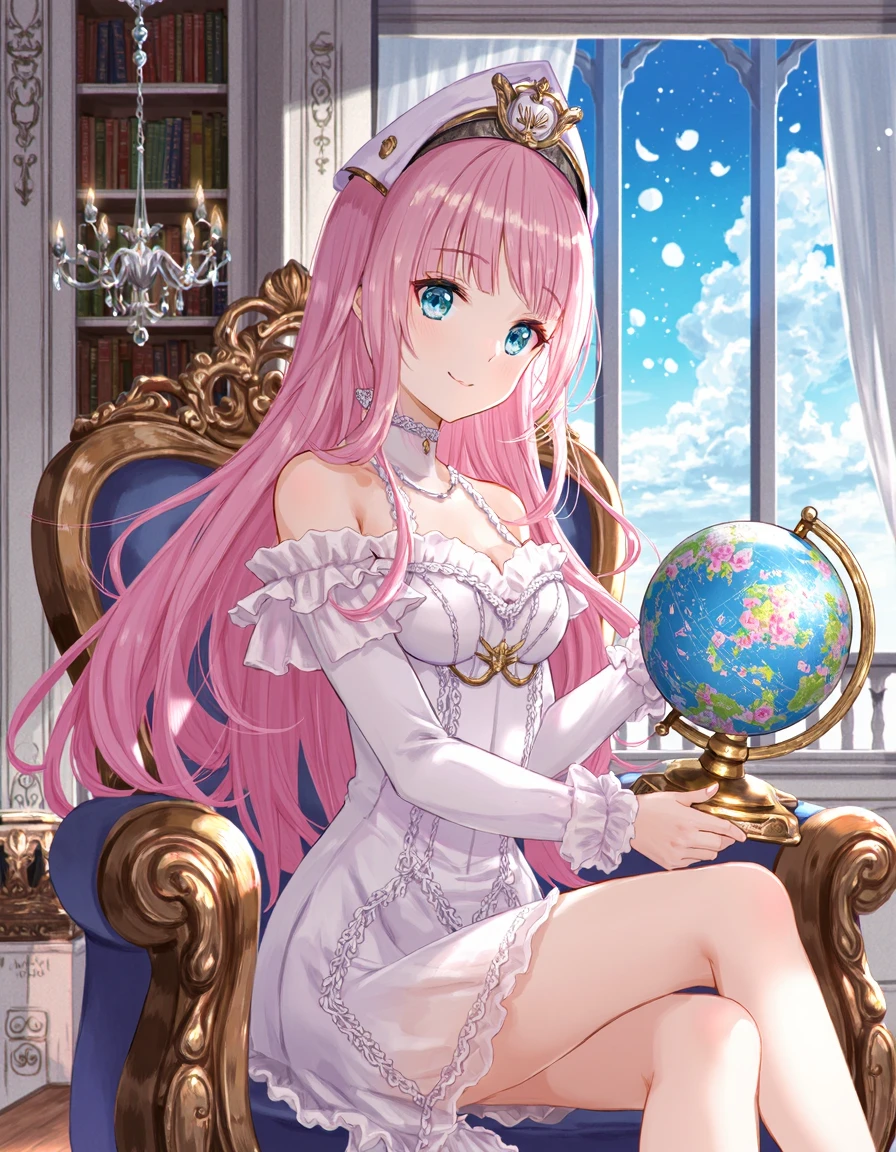 A digital illustration in an anime style featuring a young woman with long, flowing, pastel pink hair and bright blue eyes. She has a slender build and is wearing a white, off-the-shoulder dress with a floral pattern and a matching headpiece. She is sitting on a large, ornate chair with intricate designs, holding a globe with a small, detailed world inside. The background features a large window with a view of a bright blue sky and fluffy white clouds. The room is decorated with elegant, intricate patterns and a chandelier with sparkling crystals hanging above her. There are also ornate bookshelves and a large, detailed mirror in the background. The lighting is soft and natural, with a warm, inviting atmosphere. The woman has a gentle, serene expression, looking off into the distance. The image has a high level of detail and a soft, ethereal quality. The overall aesthetic is graceful and refined, with a touch of fantasy. The colors are soft and pastel, with a focus on whites, blues, and pinks. The woman's pose is relaxed and graceful, with her hands resting gently on the globe. The illustration has a dreamy, ethereal quality, with a sense of peace and tranquility. The style is reminiscent of fantasy anime.