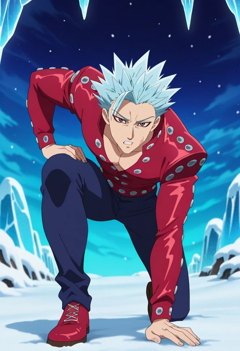masterpiece, best quality, , anime screencap, anime coloring, , , 1boy, solo, male focus, <lora:ban_nanatsu_no_taizai_ilxl:0.9>, ban_nanatsu_no_taizai, blue hair, red eyes, spiked hair, scar, , frost peak, icy cliffs, snow-filled caverns, frozen trails, climbing pose, determined expression, winter dawn, disco costume