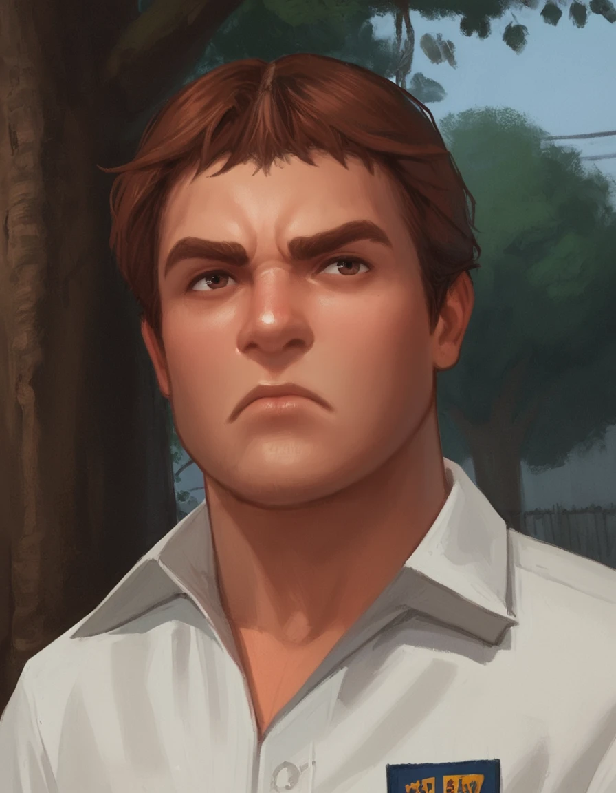 score_9, score_8_up, score_7_up, masterpiece, <lora:HKHorrorXL:1> <lora:sn0wStyle:1>1boy, solo, male focus, brown hair, shirt, realistic, tree, closed mouth, collared shirt, white shirt, short hair, portrait, russell northorp, angry<lora:Russell_Northorp_Bully:1>