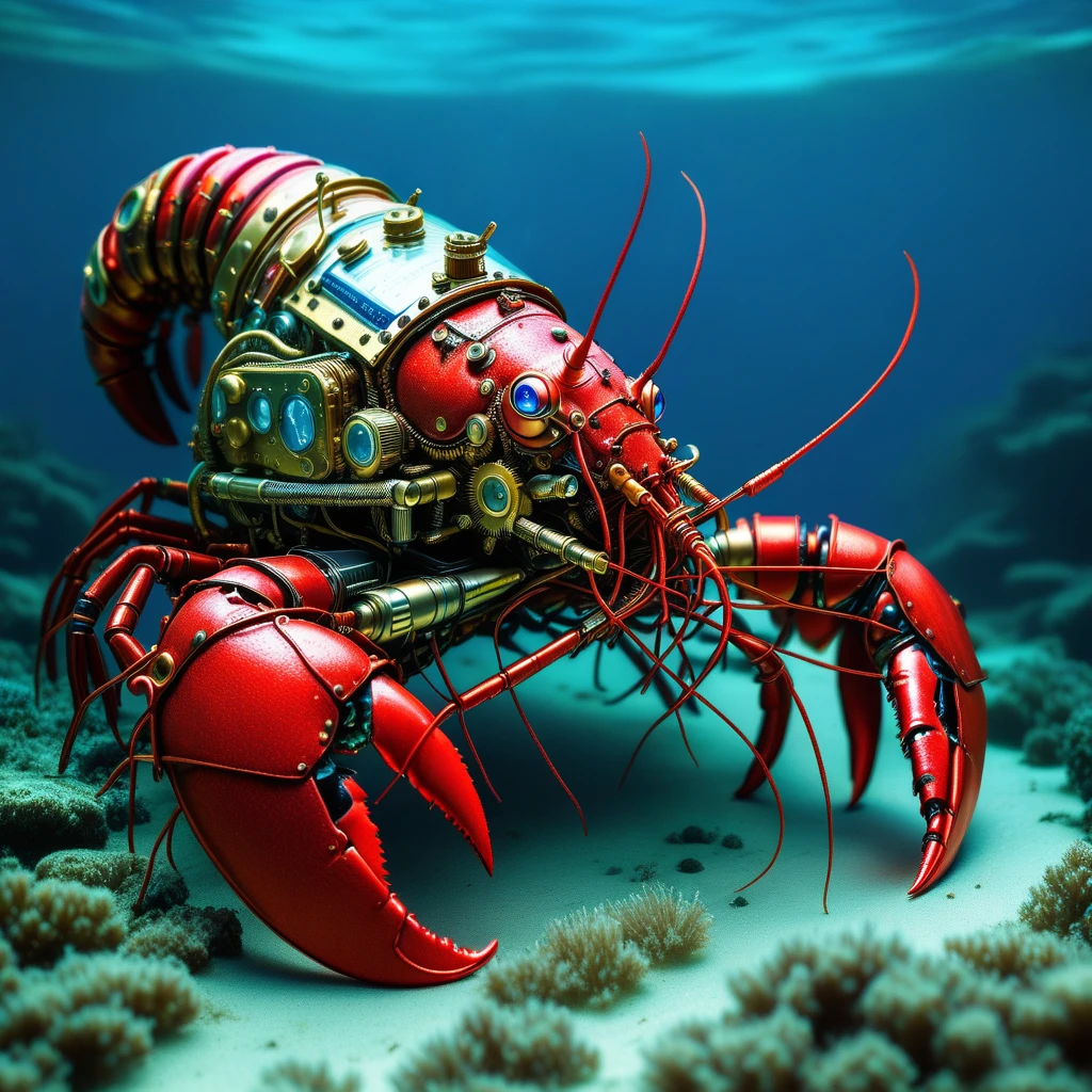 a cybersteam lobster, very detailed, underwater