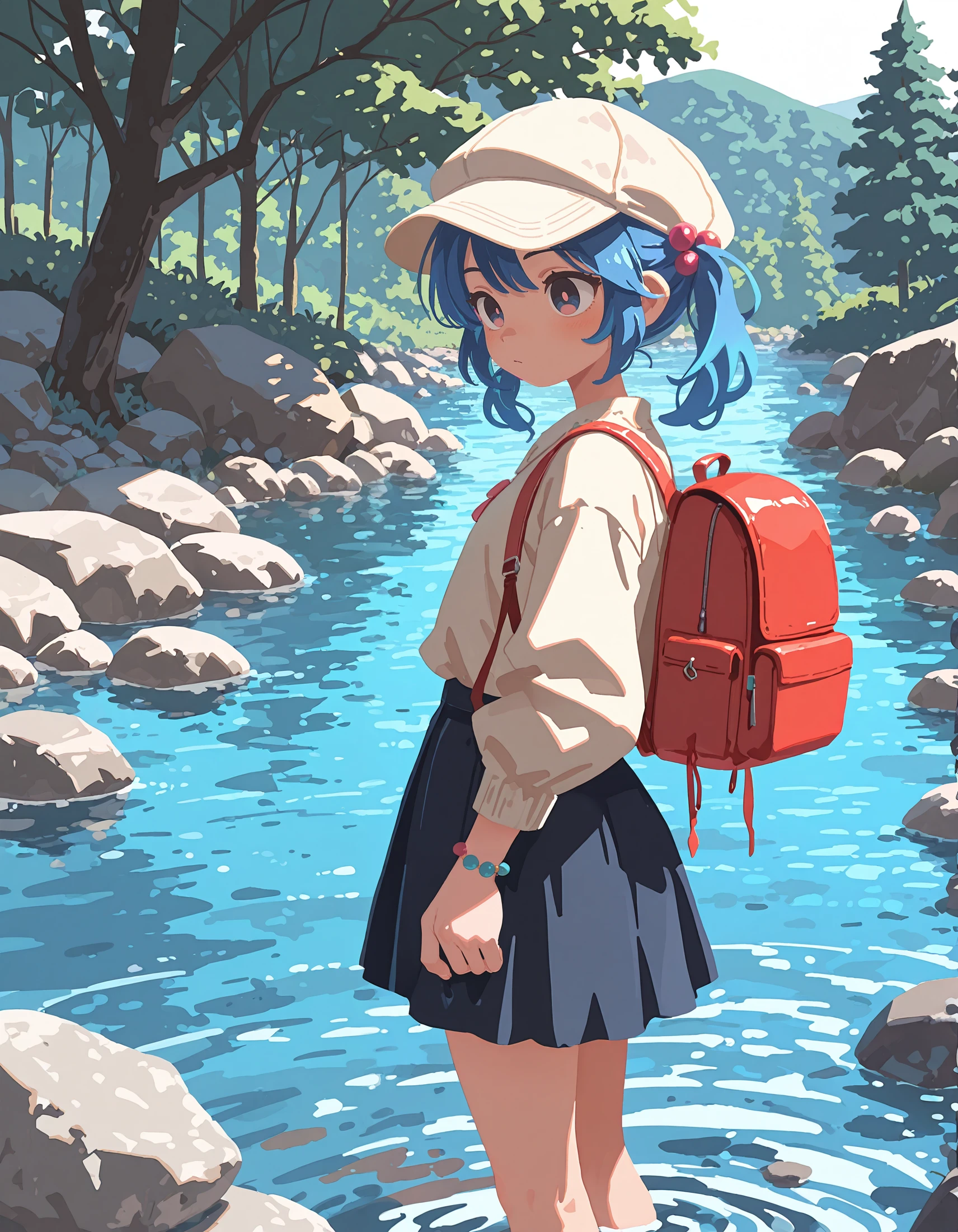 intricate details,masterpiece, very aesthetic, absurdres, <lora:t4kar4i_shunsuk3:1>,t4kar4i_illu, no_outlines,no lineart,1girl, solo, backpack, bag, blue hair, hat, water, tree, skirt, hair ornament, rock, outdoors, hair bobbles
