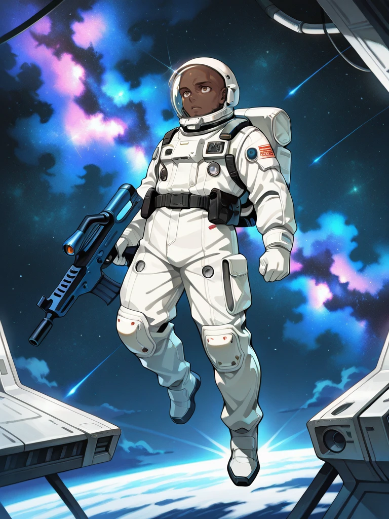 <lora:B._A._Reynald:1>,Reynald,1boy,bald,solo,brown eyes,
white spacesuit,sci fi pulse rifle,wide angle,full body,armed,wearing spacesuit helmet,floating,zero gravity,tether,space station,lens flare,nebula,deep space,outer space,
masterpiece,best quality,ultra detailed