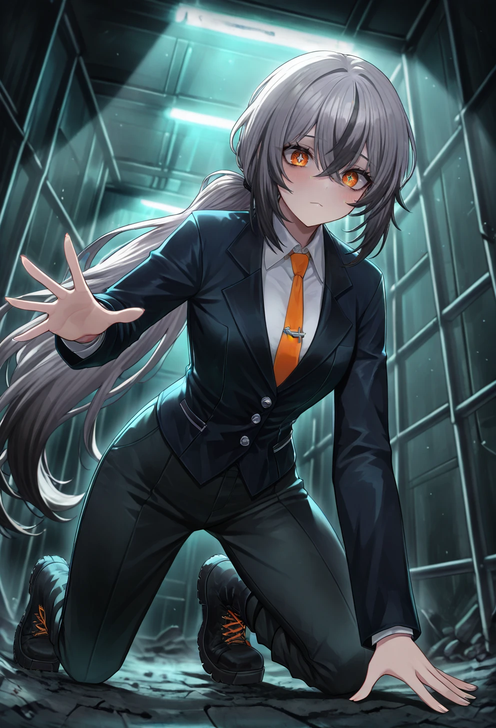 masterpiece,best quality,absurdres,volumetric lighting,1girl,solo,(long hair:0.4)dark gray hair,(colored forelock:1.2),black forelock,crossed bangs,low ponytail,orange eyes,red pupils,x x pupils,black tailcoat jacket,closed jacket,white shirt,collared shirt,orange tie,tie,single-legged trousers,black cargo pants, orange thigh high, combat boots,orange shoelaces,crawling,spread fingers,<lora:Limbus6:0.75>,lobcorpscousin <lora:hotarueye_xl_tareme4_v10 (1):0.75> <lora:hotarueye_xl_tsurime2_v10:0.3>
