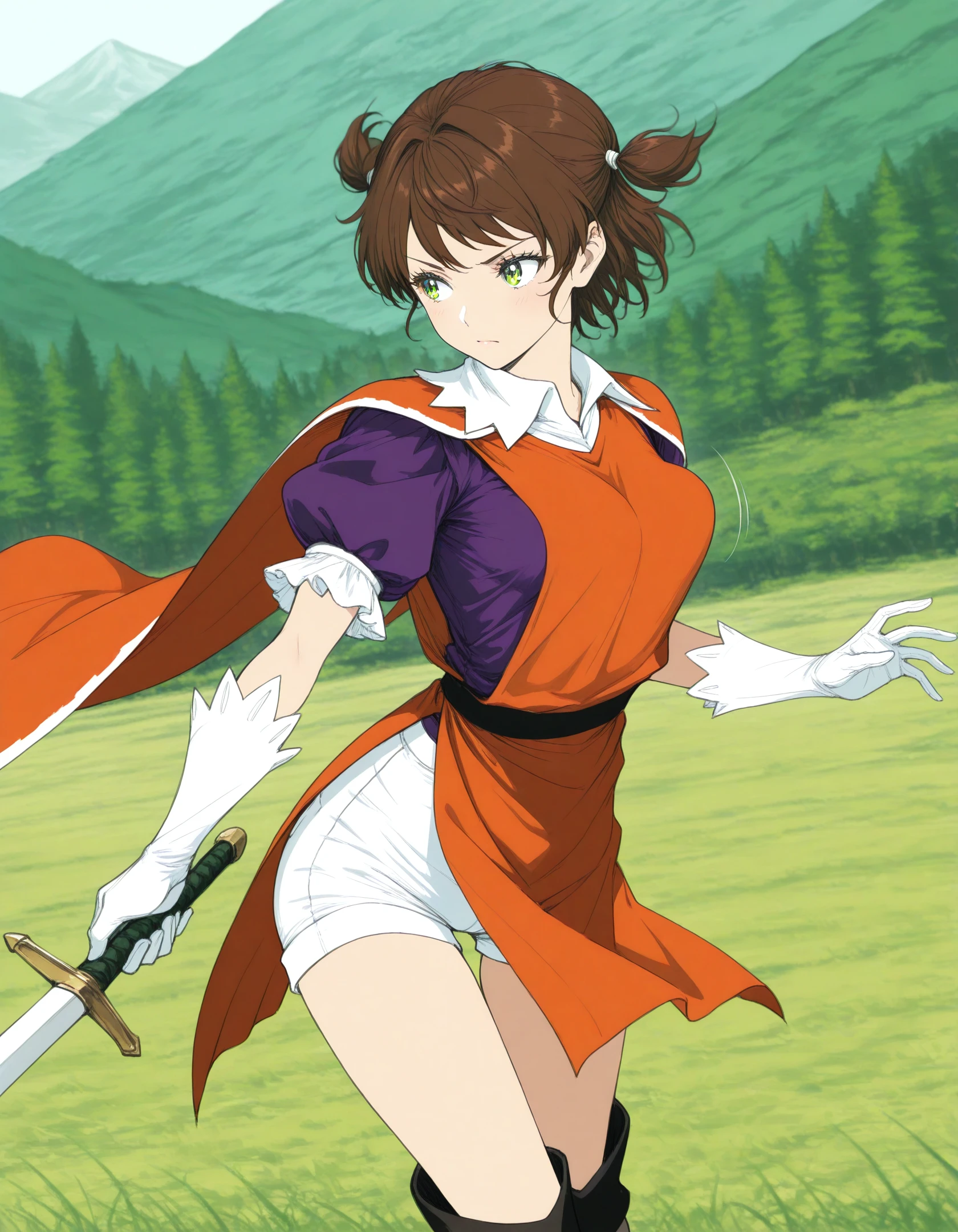 masterpiece, best quality, high resolution, absurdres, newest,1girl,solo,kubo tite \(style\), explicit,(flat color:1.2),anime coloring,
looking away,cowboy shot,
<lora:melisandre_ill_v2:0.8>,
melisandre,1girl,brown hair,short hair,short twintails,green eyes,twin cape,red tabard,puffy sleeves,short sleeves,purple shirt,collared,pelvic curtain,white shorts,white gloves,weapon,holding weapon,sword,
battle stance,pigeon-toed, thigh gap,medium breasts,
bouncing breasts on clothes,
grass field,sunlight, mountain, outdoors, forest,