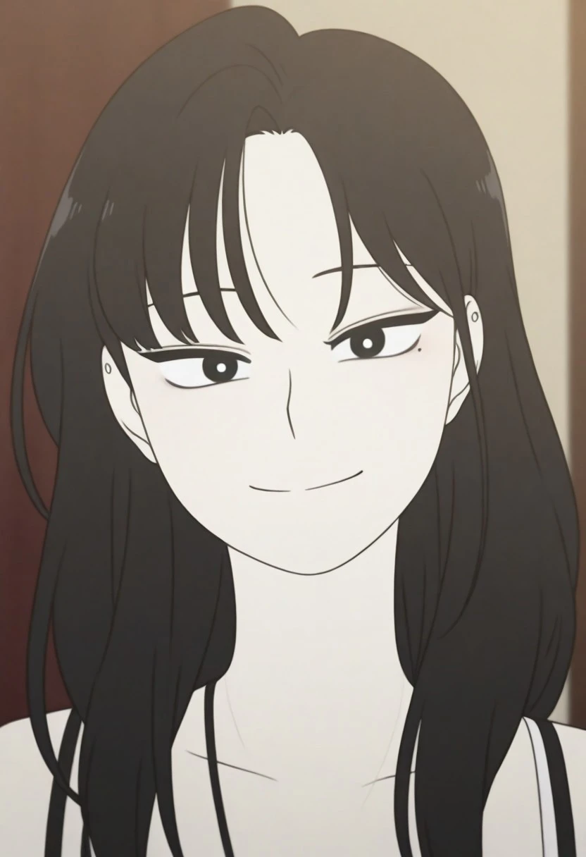 1girl, front view, black thin eyes, white pupils, detailed face, mole under eye, portrait, (full face:1.8), anime coloring:1.8, seduced smile, medium long hair, closed mouth