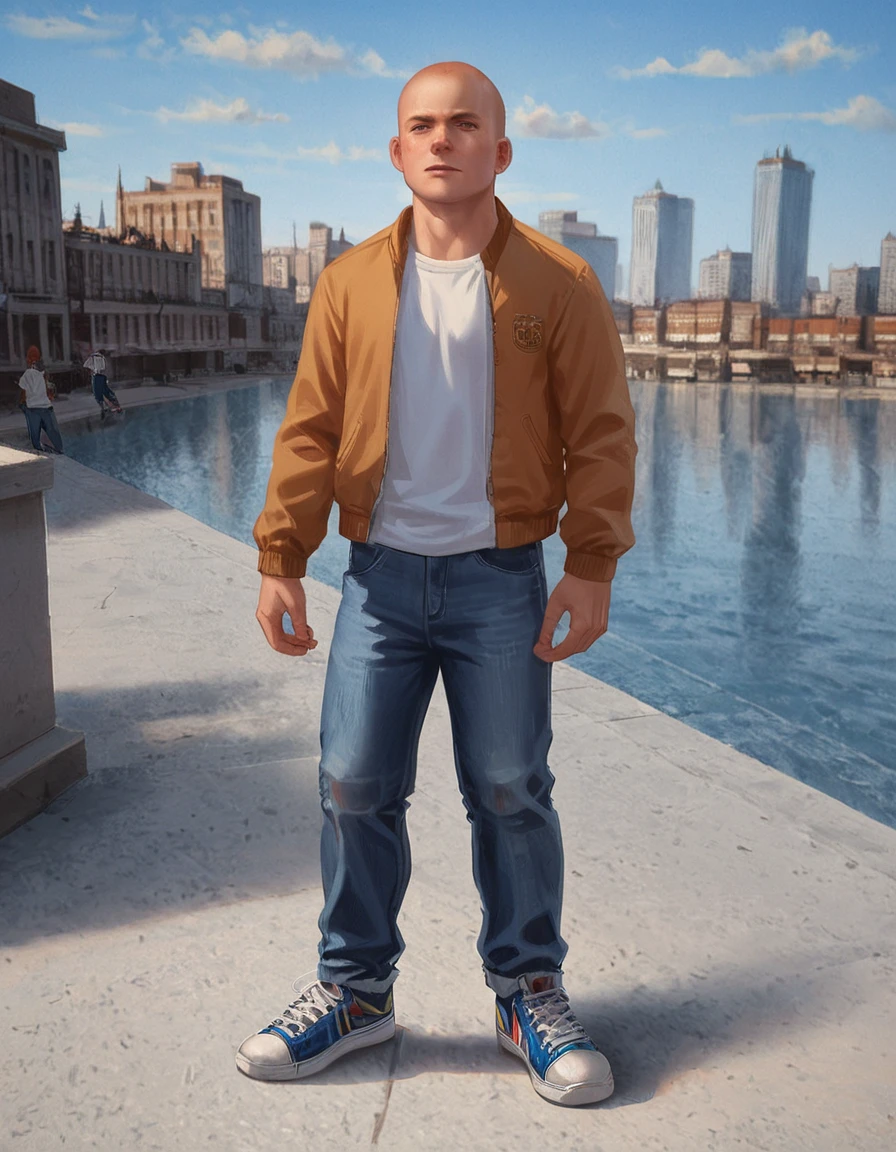 score_9, score_8_up, score_7_up, masterpiece, <lora:HKHorrorXL:1> <lora:sn0wStyle:1>1boy, male focus, solo, bald, pants, shoes, jacket, denim, sneakers, shirt, jeans, white shirt, outdoors, building, realistic, sky, city, jimmy hopkins, school <lora:Jimmy_Hopkins_Bully:0.8>