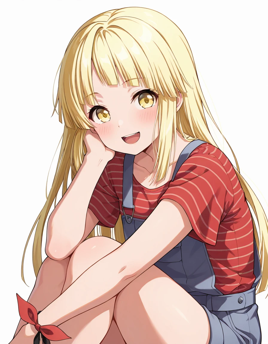 Volumetric Lighting, (masterpiece), (best quality), (ultra-detailed), illustration, ((disheveled hair, very good hair))), detailed eyes, perfect composition, moist skin, intricate details, very good lighting BREAK, Tsurumaki Kokoro, long hair, blonde hair, yellow eyes BREAK, kokoroalt, kkr wrist ribbon,kkr shirt, kkr overalls shorts BREAK, ((white background)), looking at viewer, smile,open mouth