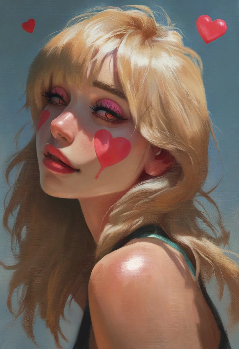 Femmes_ST, masterpiece, best quality, very aesthetic, high resolution, ultra-detailed, absurdres, newest, extremely detailed eyes, Femmes_ST, cute girl,painted face,
masterpiece,best quality,1girl,solo,hearts,
asian woman,
medium length hair,
(blonde hair),
(upper body view),
(side view),