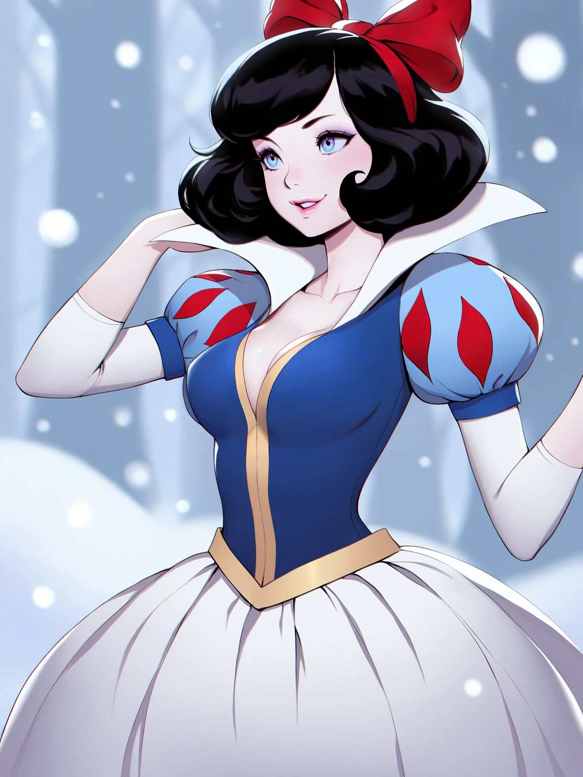 masterpiece, best quality, 1girl,solo,snow white (disney),smile,cowboy shot,puffy lips,parted lips,smile