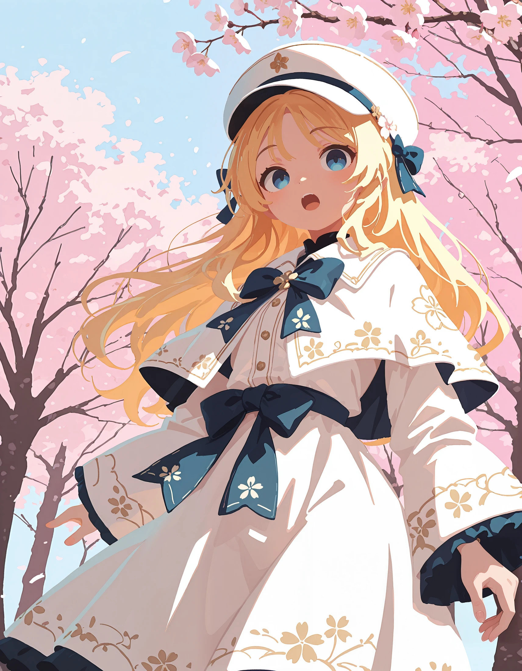 intricate details,masterpiece, very aesthetic, absurdres, <lora:t4kar4i_shunsuk3:1>,t4kar4i_illu, no_outlines,no lineart, 1girl, solo, blue eyes, long hair, blonde hair, cherry blossoms, open mouth, hat, long sleeves, bow, wide sleeves, capelet, white headwear