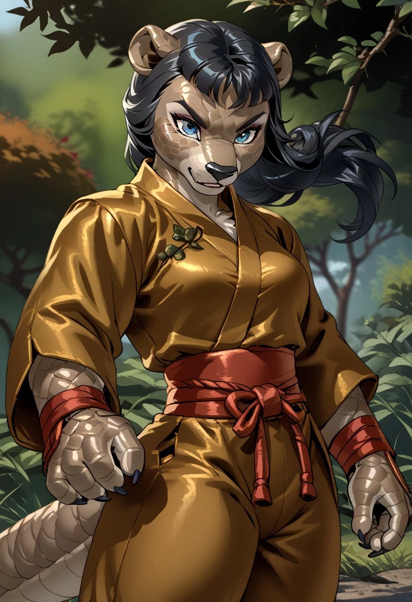 score_9, score_8_up, score_7_up, (by jailbird:1.5), (by kittydee:1.5), (by zummeng:1.5), masterpiece, best quality, (solo),
(Furry Art: anthro: pangolin:1.5), 1girl, expressive eyes, feminine eyes, <lora:beautiful_detailed_eyes:1>, perfect face, exotic mammal, plate-like scales, claws, long snout, small animal ears, brown skin, blue eyes, (black hair:1.5), (straight hair), (twintail hair), medium breasts, (kung-fu topwear:1.5), (kung-fu pants:1.5),