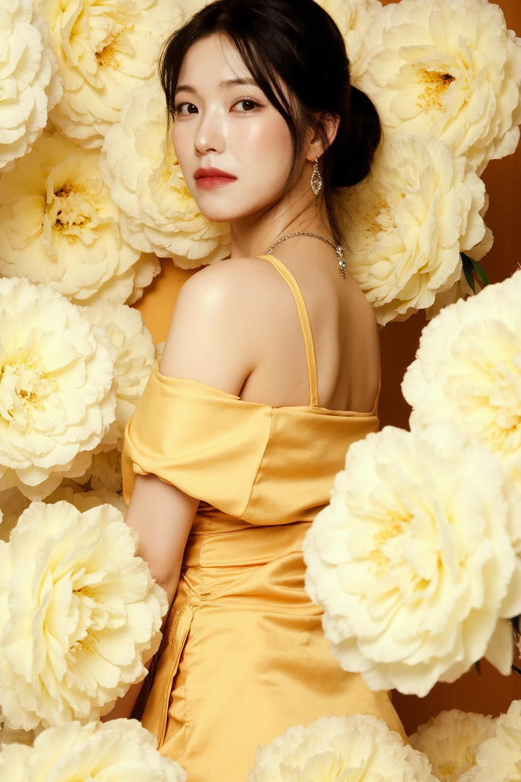 The image showcases a young asian woman wearing necklace and earrings with pale skin and makeup. She is positioned against a strikingly vibrant gold background, which is filled with lots and lots of large white rose flowers. The flowers dominate the composition, adding a dramatic and intense contrast to her skin tone and overall appearance.
The woman is dressed in golden gown, which drapes softly over her shoulders, leaving her upper back and one shoulder exposed. Her expression is calm and slightly mysterious, with her gaze directed slightly to the side, away from the camera. The large flowers, some of which overlap with her figure, create a dreamy and surreal atmosphere, as if she is blending into or emerging from the floral background., <lora:flux_realism_lora:1>, <lora:makinaflux_jiheon_v1.0:1>