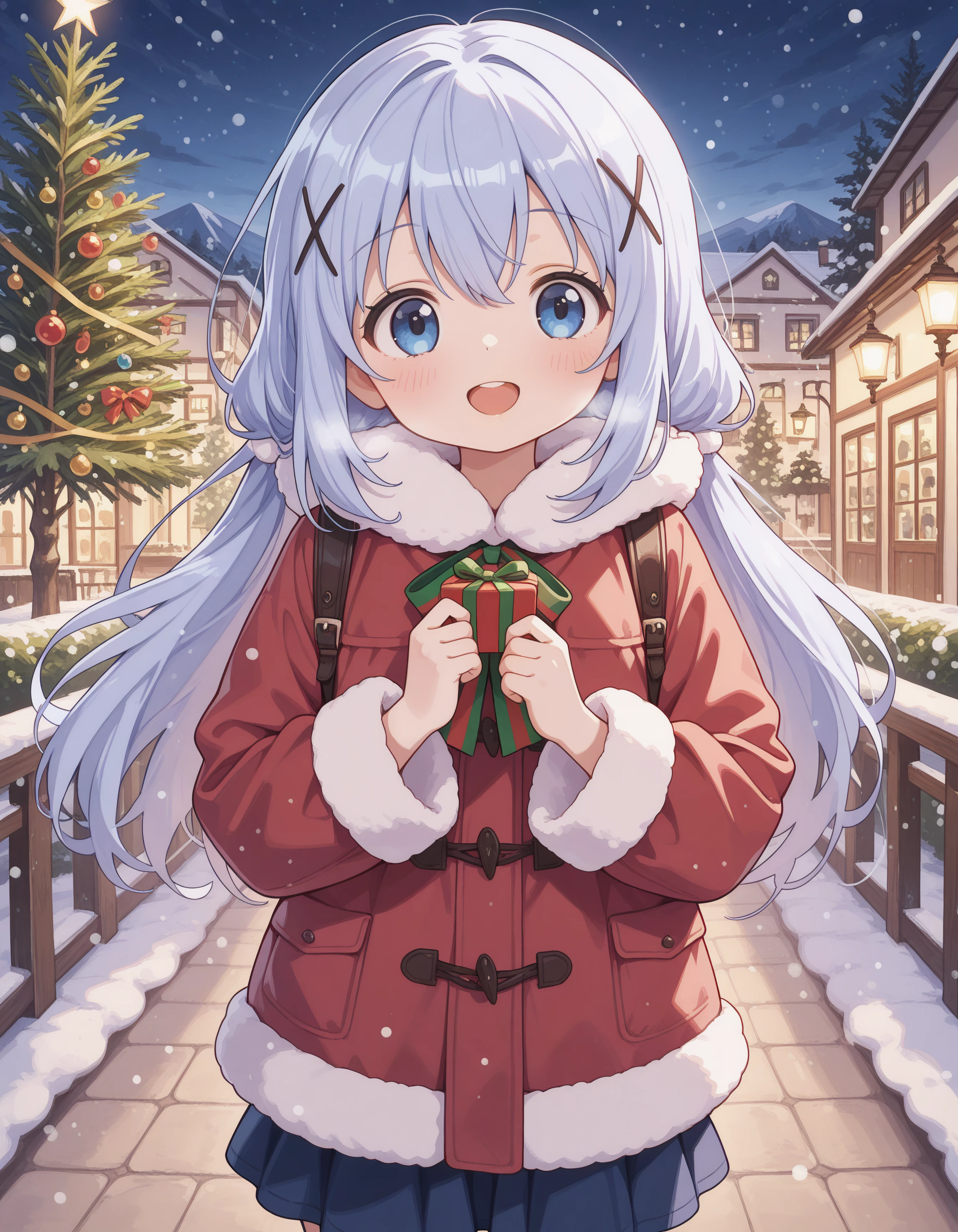 1girl, blue eyes, chino_kafu, periwinkle colored hair, tiny, cute, innocent, long hair, hair ornament, outdoor, snowy, wearing red jacket, christmas, happy, (clothed, ultra kawaii), hdr, low contrast,
masterpiece, best quality, absurdres, masterpiece, highres, perfect anatomy, anime style, anime screenshot, 8k wallpaper, ultra high quality, (extremely detailed cg), perfect lighting, (sharp image), dynamic angle