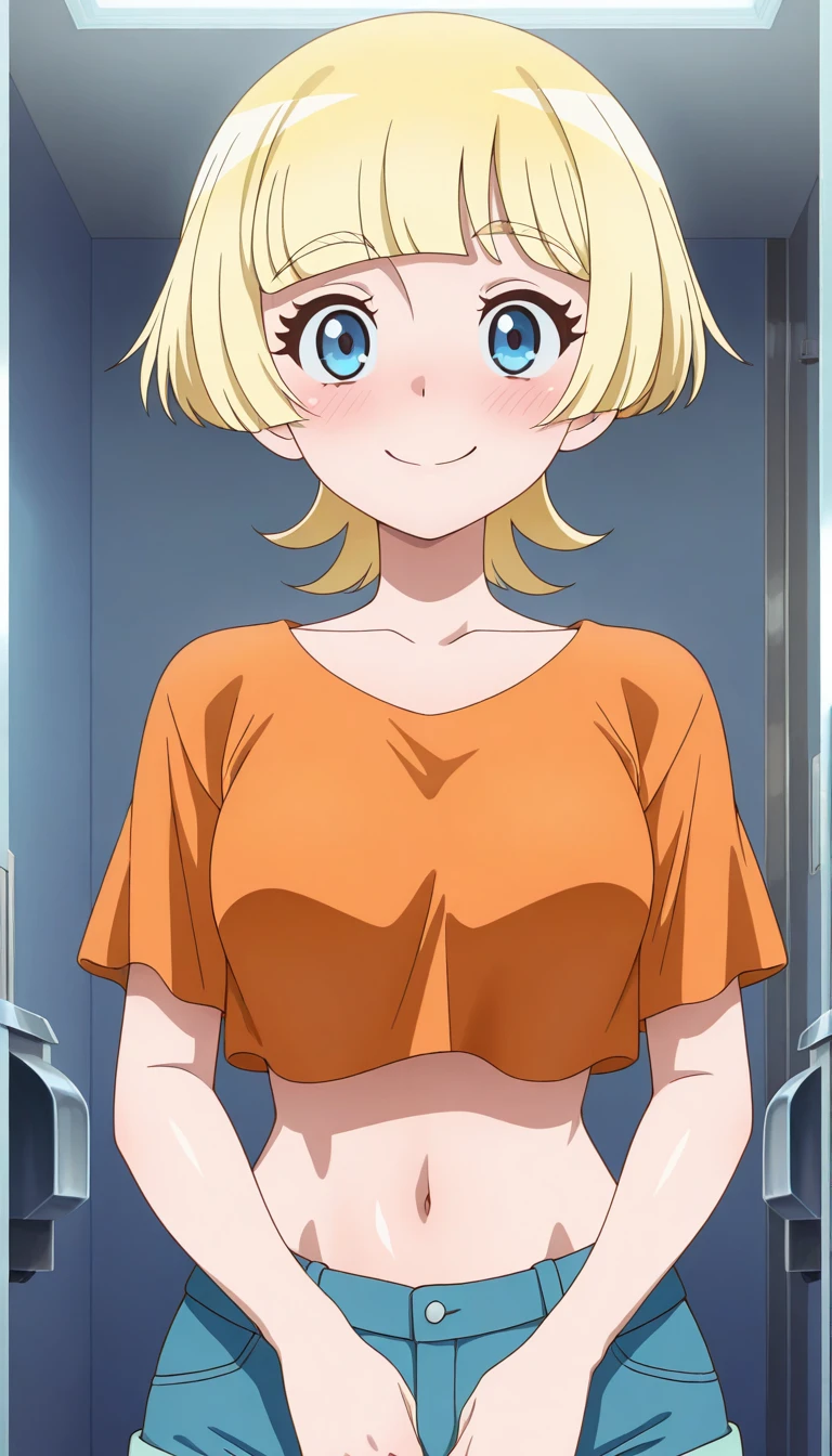 (masterpiece),best quality,amazing quality,very aesthetic,absurdres,newest,perfect body,shiny skin,perfect eyes,detail1eye,well-defined fingers,well-defined fingernails,anime style,indoors,1girl,solo,upper body,(portrait:1.5),looking at viewer,facing viewer,smile,blush,Emma Hanes,blonde hair,short hair,blunt bangs,blue eyes,collarbone,crop top overhang,cropped shirt,t-shirt,orange shirt,short sleeves,medium breasts,navel,blue shorts,short shorts,white socks,sneakers,<lora:Emma Hanes(dgg)-llus:1.8>,