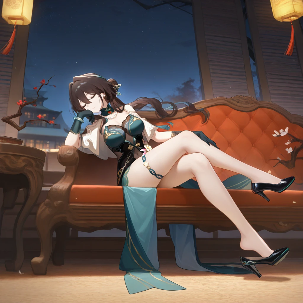 A sexy and seductive lady，Silk high-forked hanfu，stiletto heels，（naked leg），Teasing expressions，sitting on a throne，streaked hair，Brunette，moles under the eyes，Half-Closed Eyes，MAKEUP，Anime Style，Chinese court，Chinese feeling，lanterns，Chinese knot，UHQ，Masterpiece、，8k，bestbestquality，ccurate，Anatomically correct，Highly detailed character，Stiletto heels，naked leg，Rounded and smooth bare legs，(8k, raw photos, bestbestquality, Masterpiece、，:1.2), european feel,Medieval,（（Character Concept Art）），full body concept，Still life, fine Detail, center of screen, still life only,