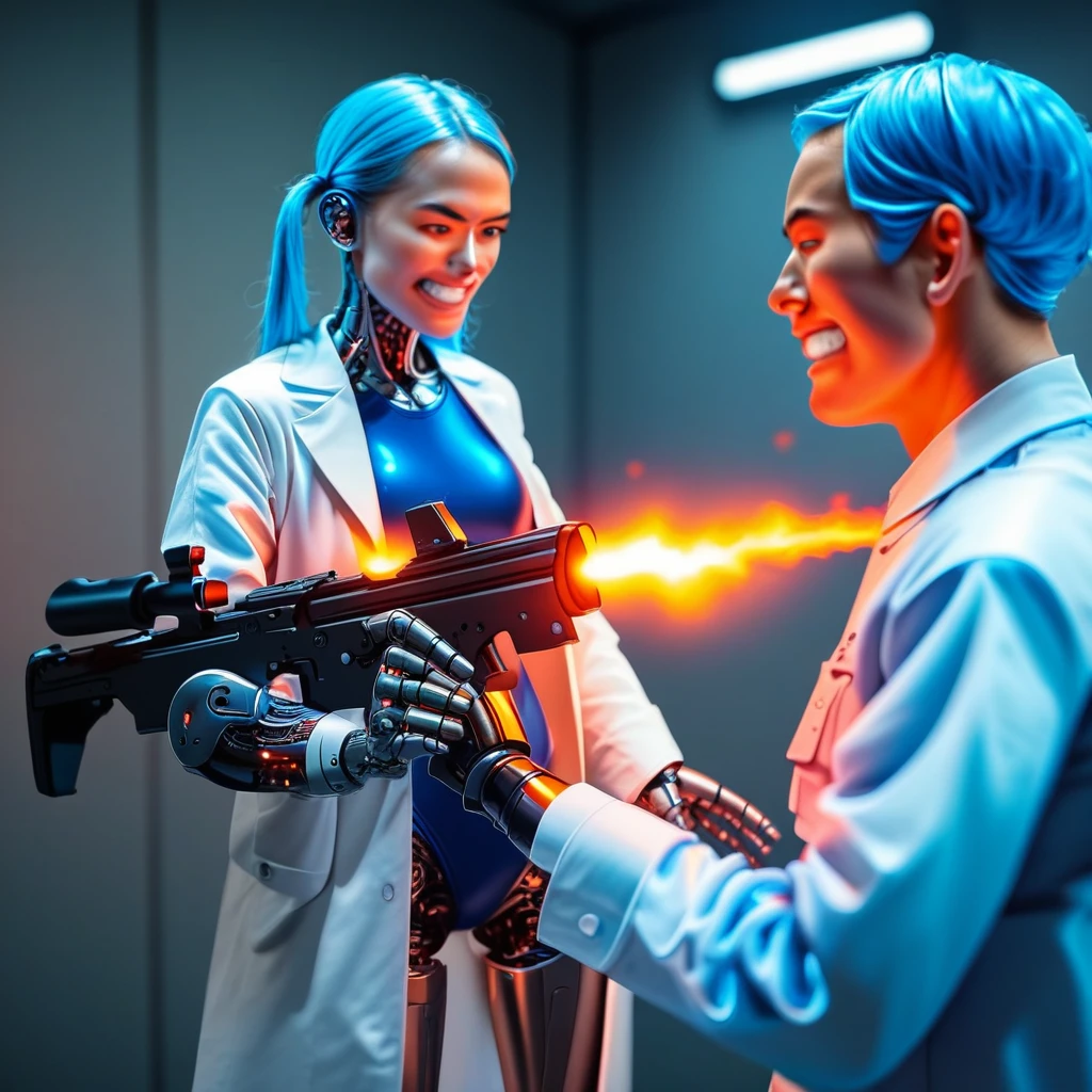 1boy, assault rifle, labcoat, single mechanical arm, grin, blue hair, robot joints, firing, hair bun, police, twintails, shiny clothes, one-piece swimsuit