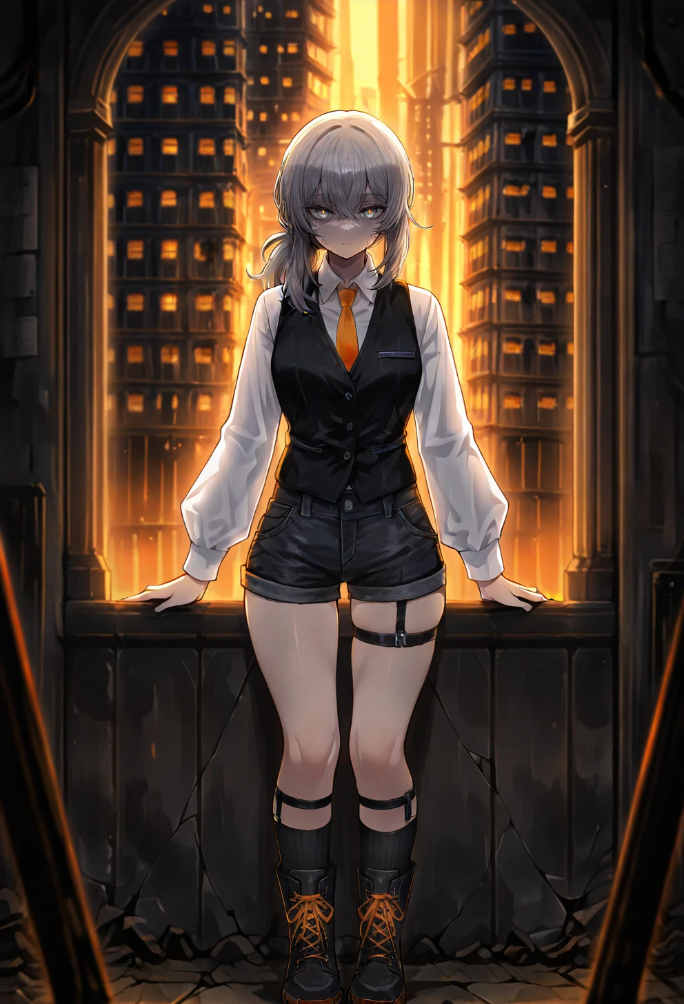 masterpiece,best quality,absurdres,volumetric lighting,1girl,solo,low ponytail,over the shoulder ponytail,medium hair,straight hair,dark gray hair,(colored forelock:1.2),black forelock,crossed bangs,silver eyes,orange pupils,black vest,white shirt,long sleeves,collared shirt,orange tie,black shorts,denim shorts,garter,black socks,midcalf socks,combat boots,orange shoelaces,<lora:hotarueye_xl_tareme4_v10:0.5>,<lora:hotarueye_xl_tsurime2_v10:0.3>,orange lighting,orange glow,indoors,decrepit building,cracked walls,dim lighting,dark,dark shading,Swirling storm clouds,(upper body:0.65),torso shot,straight-on,<lora:Limbus6:0.76>,lobcorpscousin