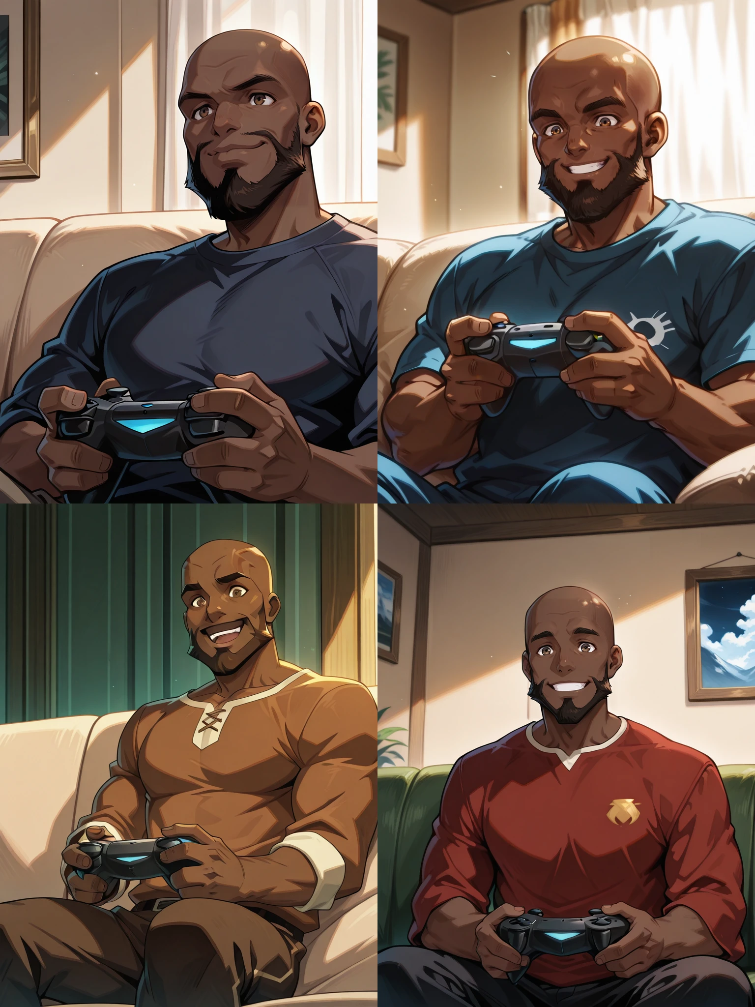 <lora:B._A._Reynald:1>,Reynald,1boy,bald,solo,
sitting on sofa,game controller,playing games,happy,focused,brown eyes,beard,
masterpiece,best quality,ultra detailed,{<lora:dcau234-illu3_r1:0.8>,dcaustyle|<lora:DBSBroly_Style_IXL:0.9>,hand drawn|<lora:VoxMachinaILXL:1>,v0x|<lora:KorraStyleIXL:1>}