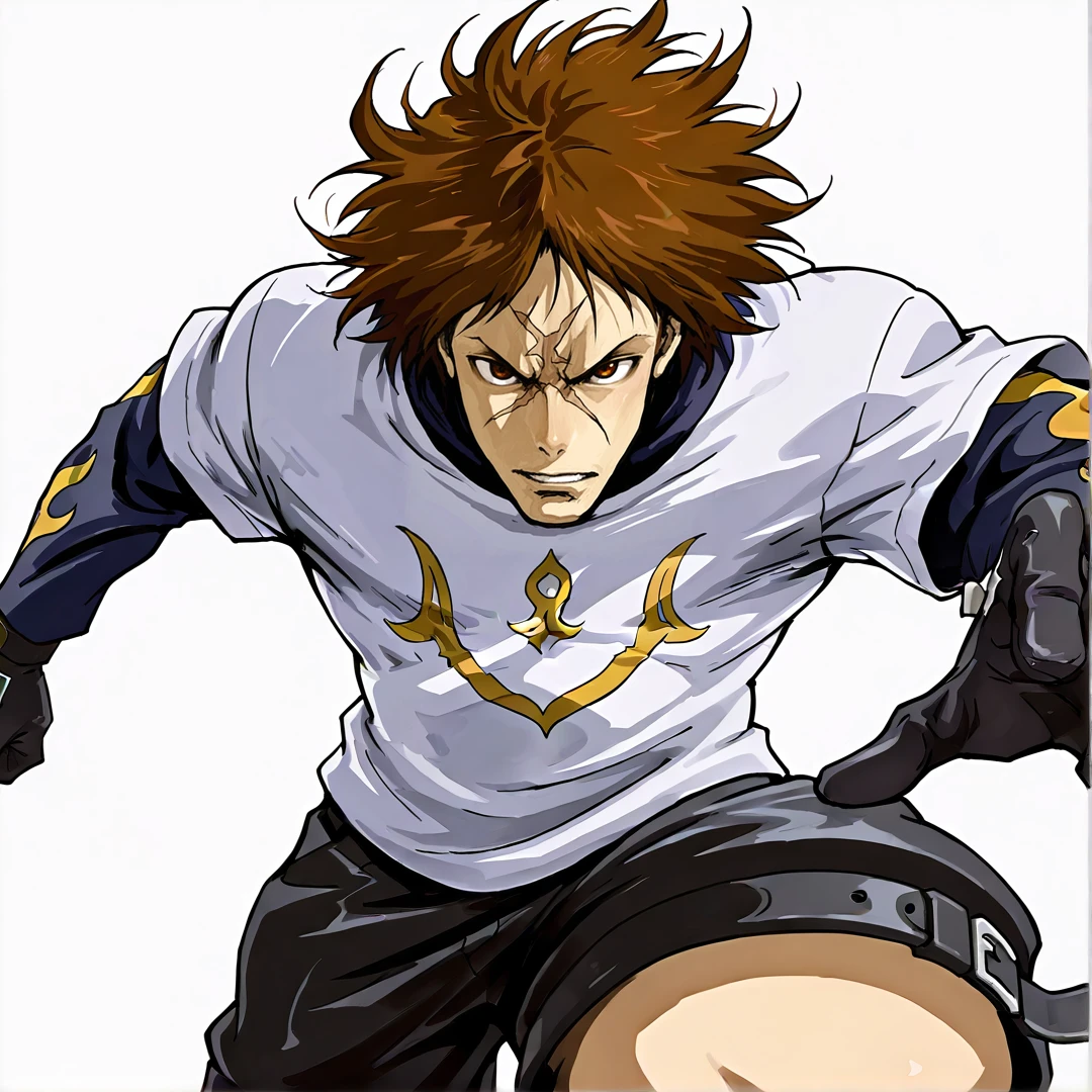 .masterpiece, best quality, very aesthetic, absurdres, 1boy, solo, full_body, charging_forward, incoming_attack, foreshortening, looking_at_viewer, toned, from_above, simple_background, white_background
<lora:Yugo_The_Wolf__Bloody_Roar:1> Yugo, brown eyes, official style, ,White shirt,Scar center on forehead,long sleeves, gloves, upper body, , black shorts,messy hair,
<lora:checkpoint-e25_s375:1> svcc