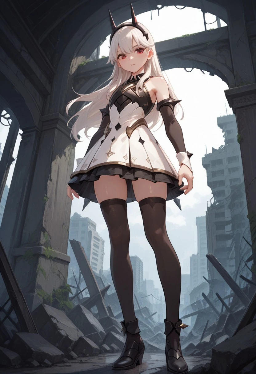 absurdres, masterpiece, best quality, very aesthetic, HDR, 8K, ultra-detailed, anime, 748cmstyle, standing, ruins, from below,
1girl, PrincessLexa, solo, long hair, white hair, bangs, hairband, red eyes, black thighhighs, detached sleeves, bare shoulders, white dress, armor, black footwear,  spikes, skindentation, shiny skin, dominant female, (skinny), looks at viewer,