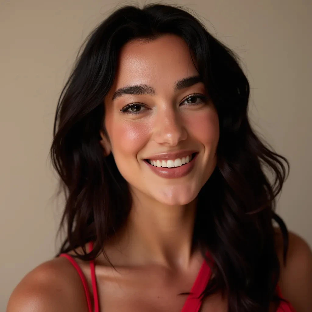 dua_lipa, a beautiful woman smiling at the camera