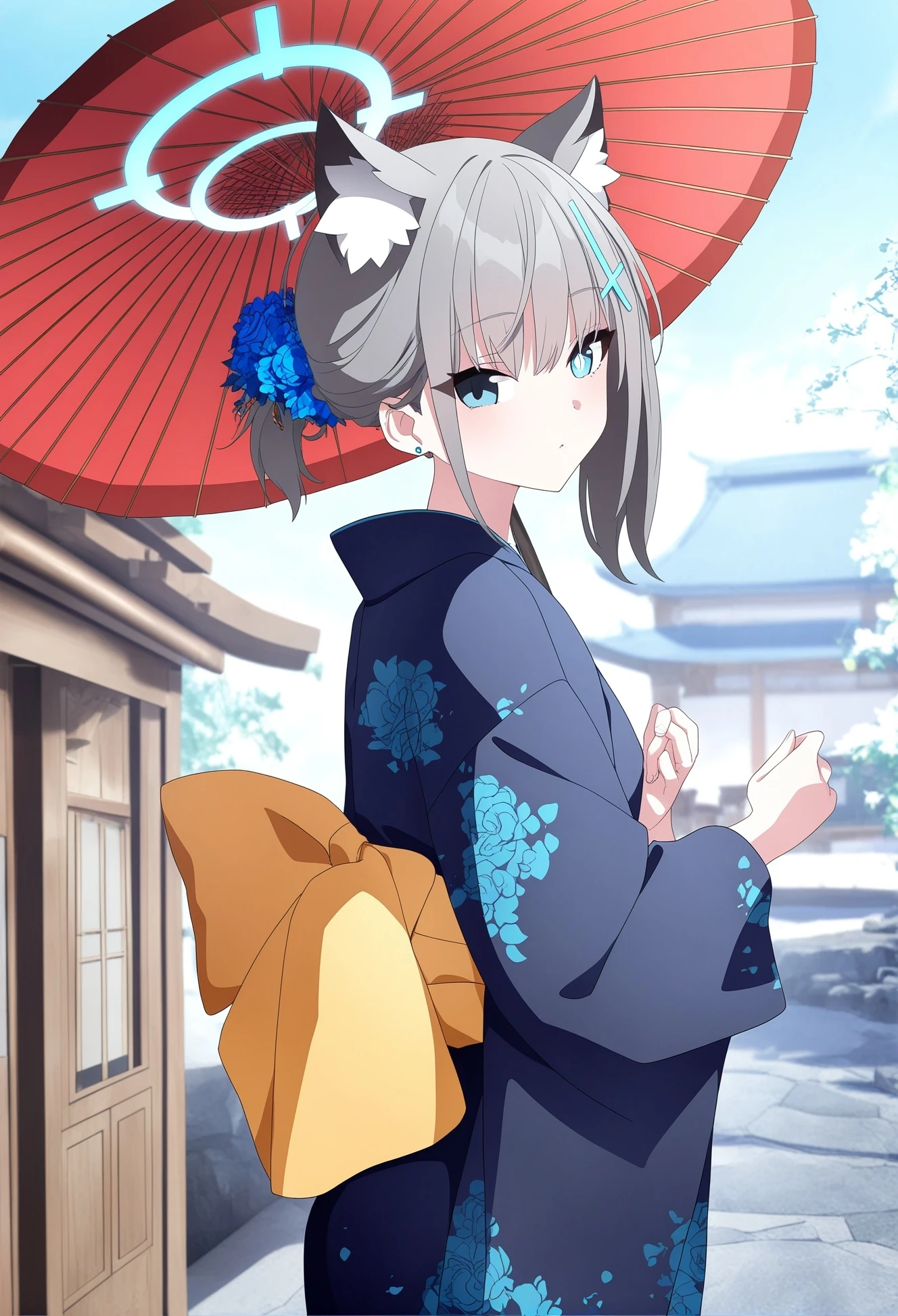 1girl, shiroko \(blue archive\), alternate costume, kimono, oil-paper umbrella, from side, looking at viewer, architecture, official art, blue archive, game cg, non-web source, newest