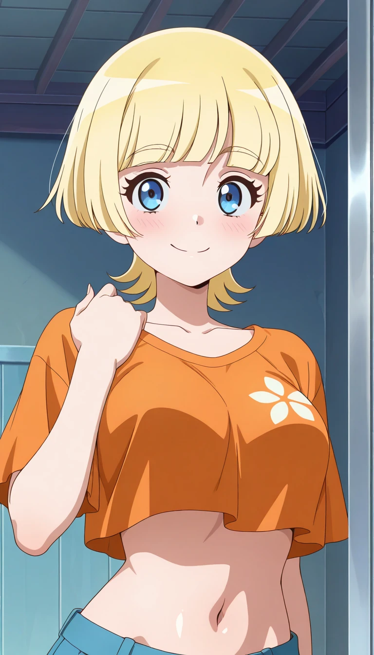 (masterpiece),best quality,amazing quality,very aesthetic,absurdres,newest,perfect body,shiny skin,perfect eyes,detail1eye,well-defined fingers,well-defined fingernails,anime style,indoors,1girl,solo,upper body,(portrait:1.5),looking at viewer,facing viewer,smile,blush,Emma Hanes,blonde hair,short hair,blunt bangs,blue eyes,collarbone,crop top overhang,cropped shirt,t-shirt,orange shirt,short sleeves,medium breasts,navel,blue shorts,short shorts,white socks,sneakers,<lora:Emma Hanes(dgg)-llus:1.6>,
