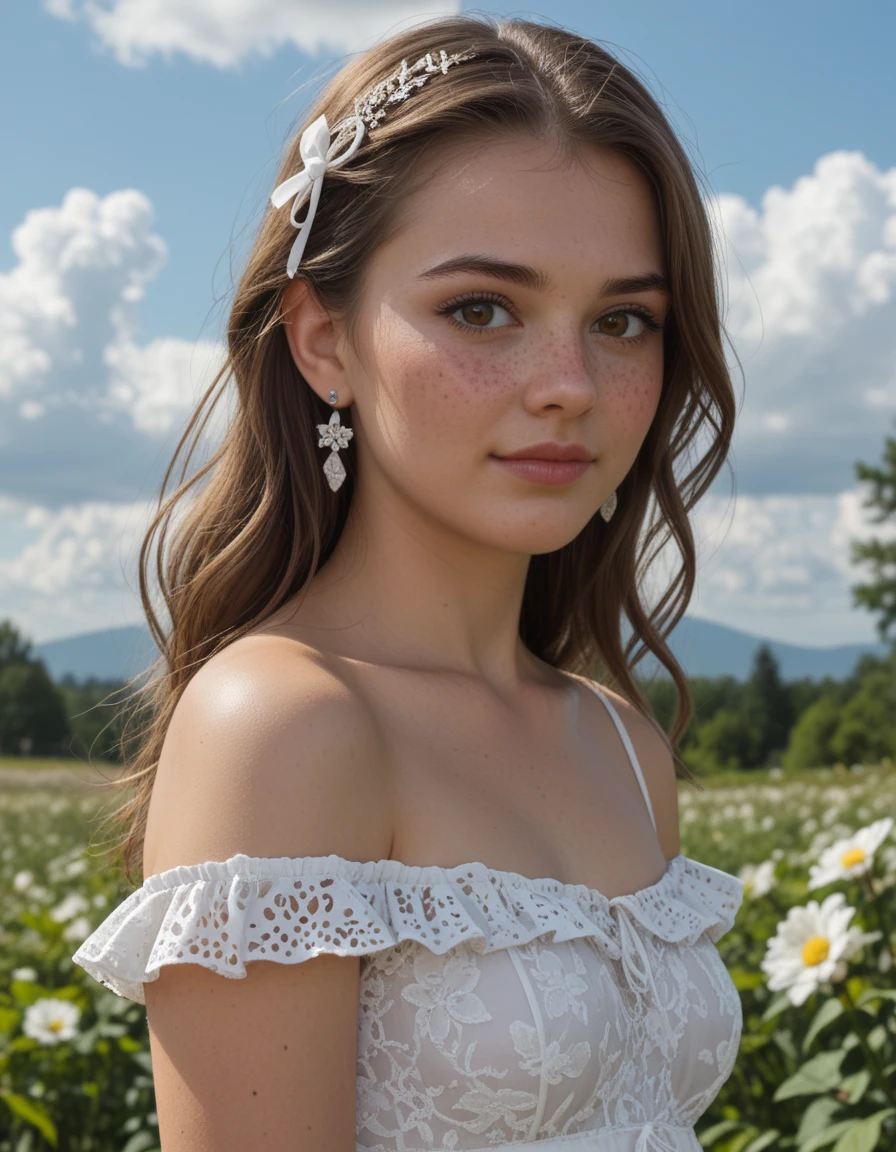 hyperrealistic art (Stable_Yogis_PDXL_Positives,Stable-Yogis-Makeup-Enhancer-XL, score_9, score_8, score_7)
1girl, solo, breasts, jewelry, brown eyes, looking at viewer, outdoors, freckles, earrings, long hair, day, sky, flower, cloud, dress, hair ribbon, ribbon, small breasts, upper body, lips
