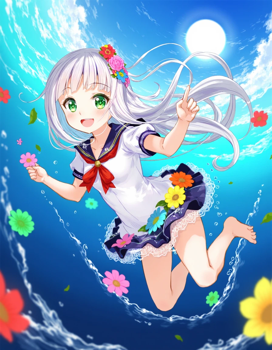 Anime-style illustration of a cute girl with long, flowing white hair and green eyes, wearing a white sailor-style outfit with a red bow and a short skirt adorned with colorful flowers. She is underwater, surrounded by bright, colorful flowers, with a playful expression. Her outfit is wet, clinging to her body, and she is holding a small, pink flower. The background features a clear, blue sky with a bright sun shining down, and the water is a deep blue. The girl is floating in the water, with her legs bent and her arms outstretched, holding the flower. The artwork has a vibrant, colorful style, with a focus on the girl's playful and carefree nature. The background is a simple, clear sky with a bright sun, and the water is a deep blue. The girl is wearing a white sailor-style outfit with a red bow and a short skirt adorned with colorful flowers. The outfit is wet, clinging to her body, and she is holding a small, pink flower. The artwork has a vibrant, colorful style, with a focus on the girl's playful and carefree nature. The background is a simple, clear sky with a bright sun, and the water is a deep blue. The girl is floating in the water, with her legs bent and her arms outstretched, holding the flower. The artwork has a vibrant, colorful style, with a focus on the girl's playful and carefree nature.