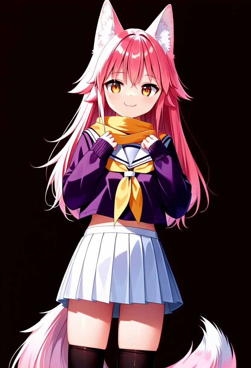 score_9, score_8_up, score_7_up, score_6_up, score_5_up, score_4_up, Lanka Ookami, wolf girl, long hair, pink hair, wolf ears, ear fluff, fluffy wolf tail, ((wolf tail)), (orange eyes: 1.1), serafuku, Skirt, School uniform, Pleated skirt, Serafuku, White skirt, Shirt, Purple shirt, Sailor collar, White Sailor collar, Long sleeves, Yellow Scarf, Knee-high stockings, smile, standing