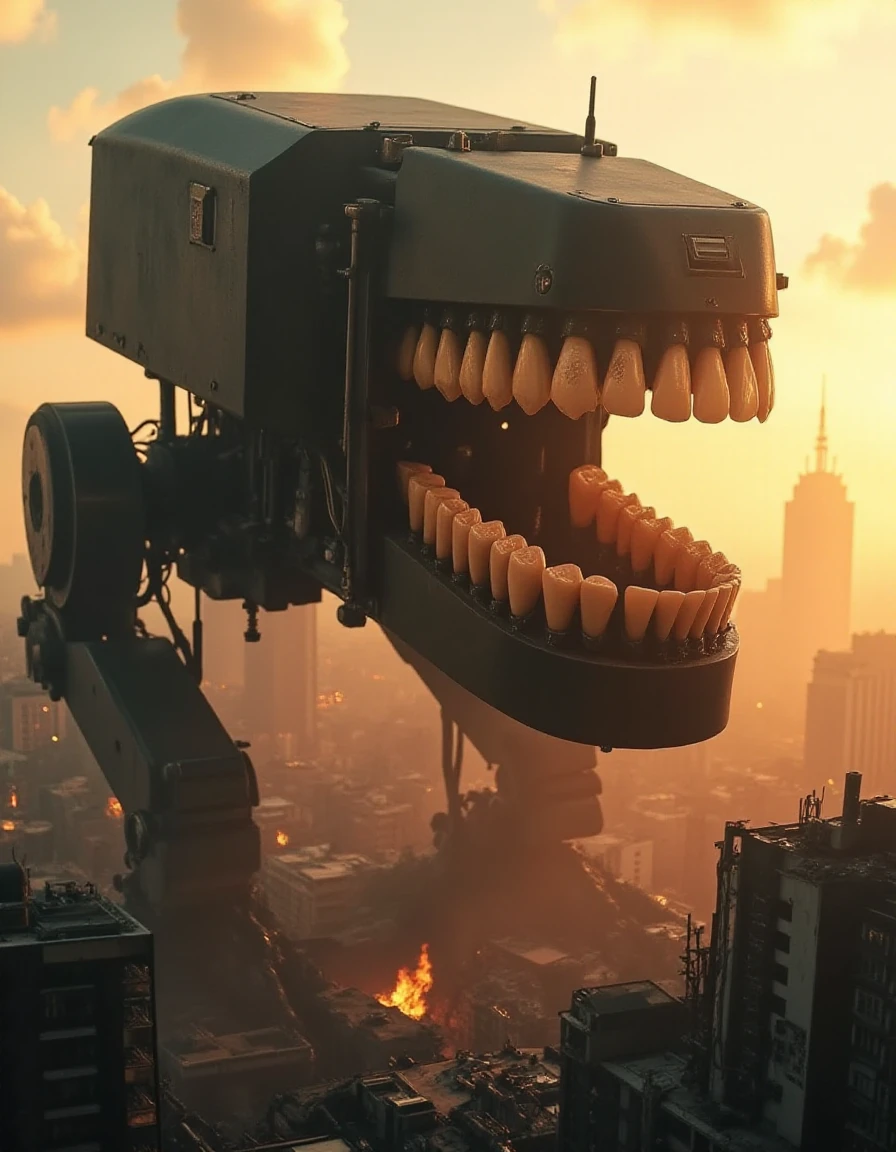 A towering robot, as immense as a skyscraper, strides through the ruins of a sprawling city, its matte black surface absorbing the fiery orange glow of a setting sun. The massive ral-rbotth in its open jaw are grotesquely detailed, each one the size of a bus, complete with uneven enamel ridges and faint yellowish stains. The sheer scale of the teeth, coupled with their horrifyingly lifelike appearance, makes them an uncanny centerpiece of its gargantuan form. Its shadow swallows entire neighborhoods as its mouth opens, the teeth reflecting flames from distant fires in a way that feels almost alive.
<lora:ral-rbotth-flux_000003000:1>