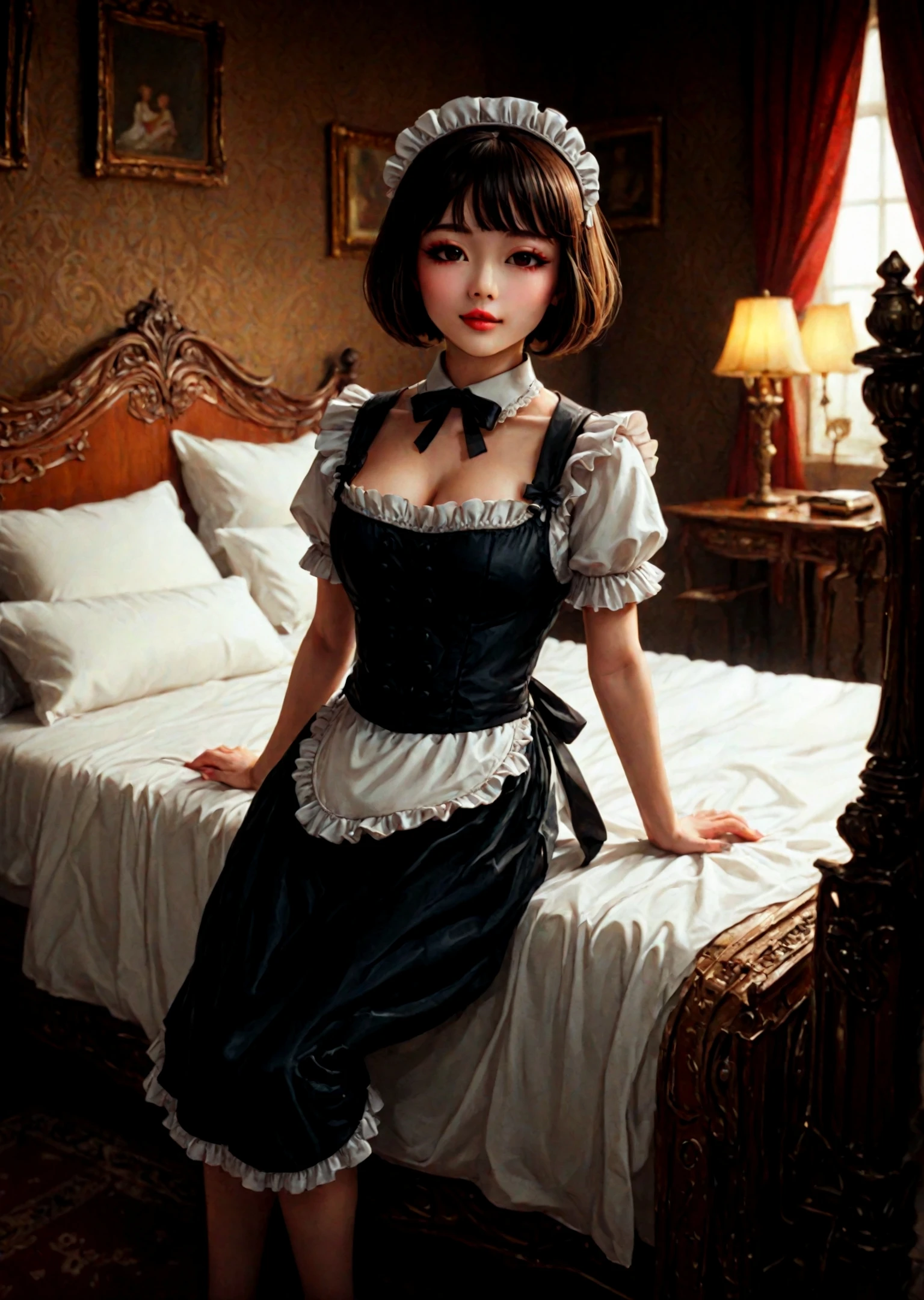 score_9, score_8, score_7, saultry lustful perverted smirking korean girl in a sexy french maid outfit with short bob cut sits on a bed in a king's palace in seductive sunset lighting, <lora:lora\Add_more_details_V2_XLpony.safetensors:0.8:0.8>